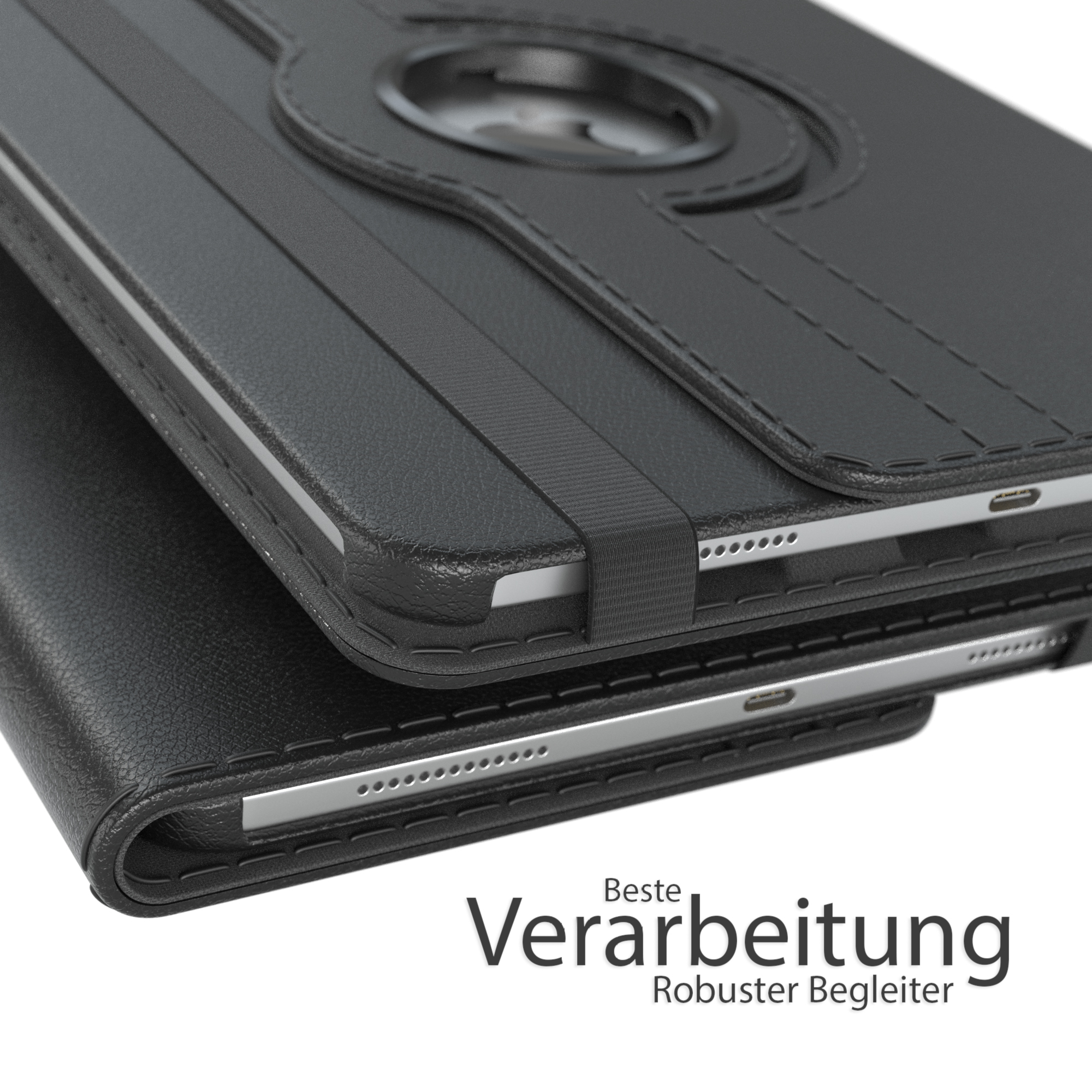 Schwarze Tablet-Hülle, geschlossen. Die Hülle hat eine strukturierte Oberfläche. Text unten: 'Beste Verarbeitung'.