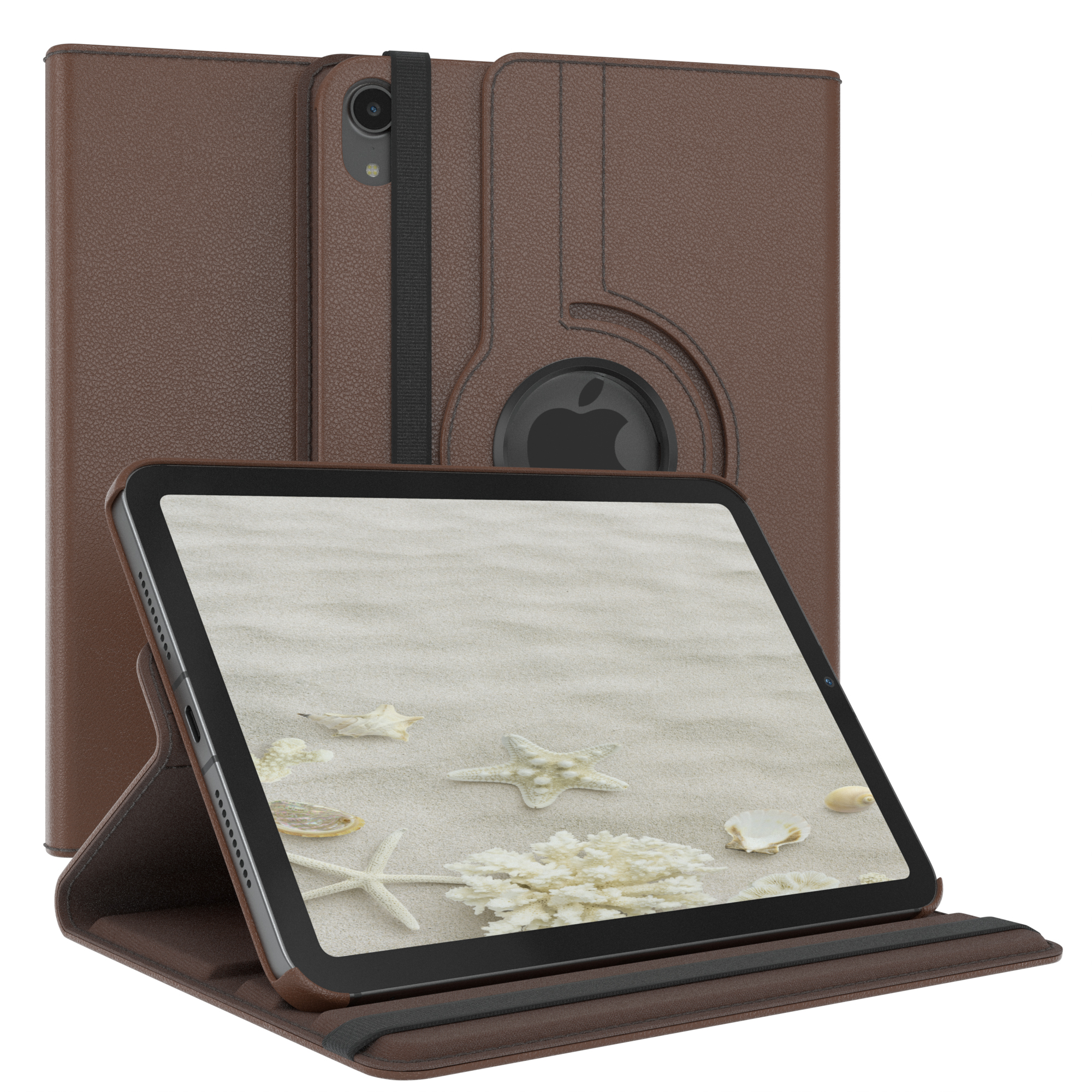 Braune Tablethülle mit Tablet, das eine Strandszene mit Muscheln zeigt. Apple-Logo sichtbar.