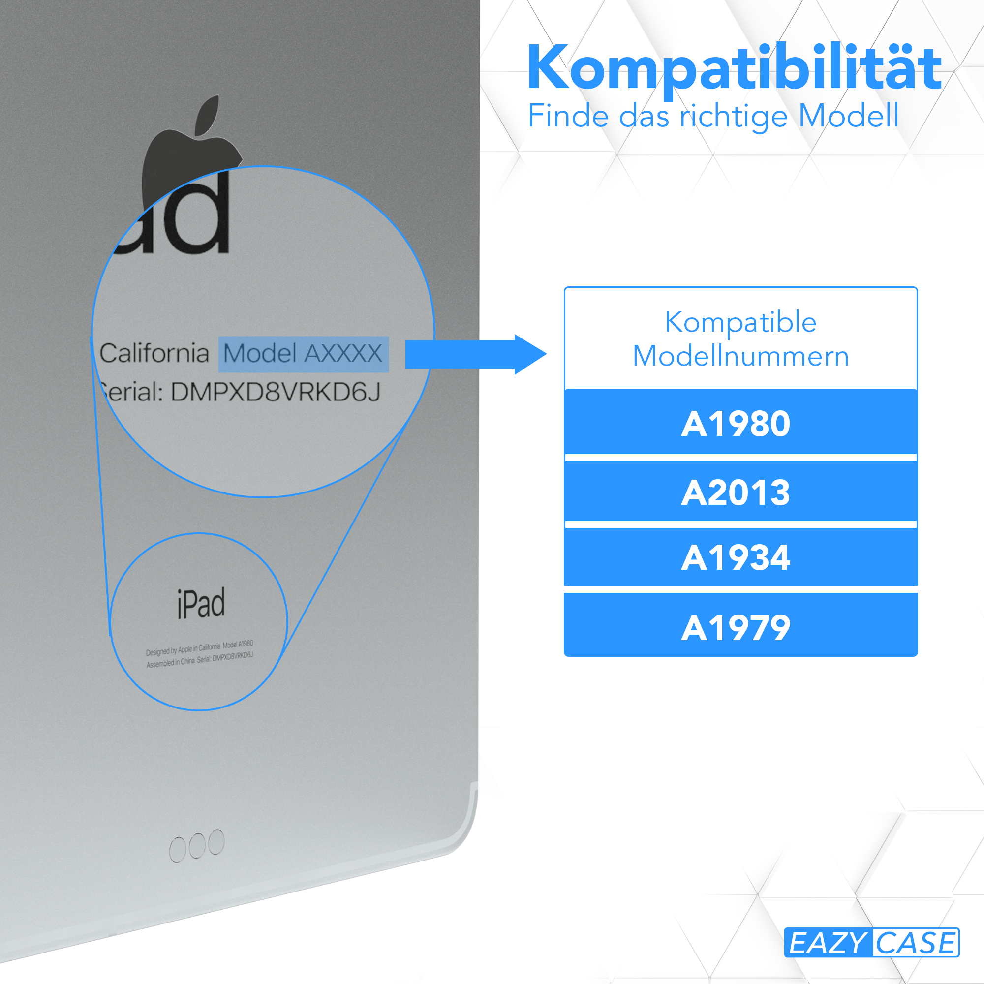 iPad-Details: Modell- und Seriennummer angezeigt. Text 'Kompatibilität' und kompatible Modelle.