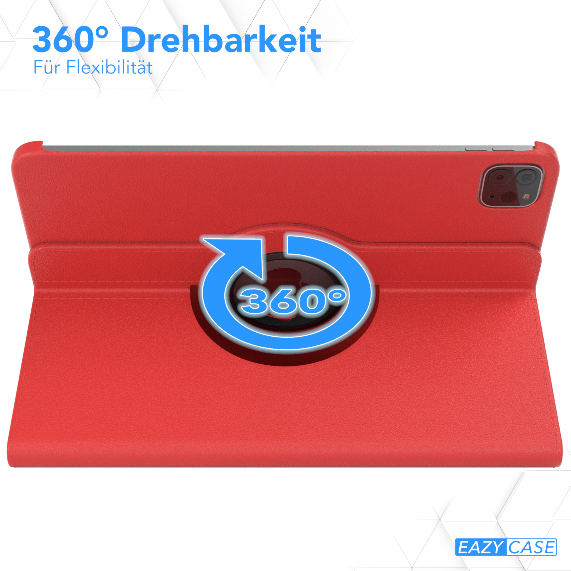 Rote Tablethülle mit 360-Grad-Drehfunktion. Zeigt einen rotierenden Pfeil in der Mitte.