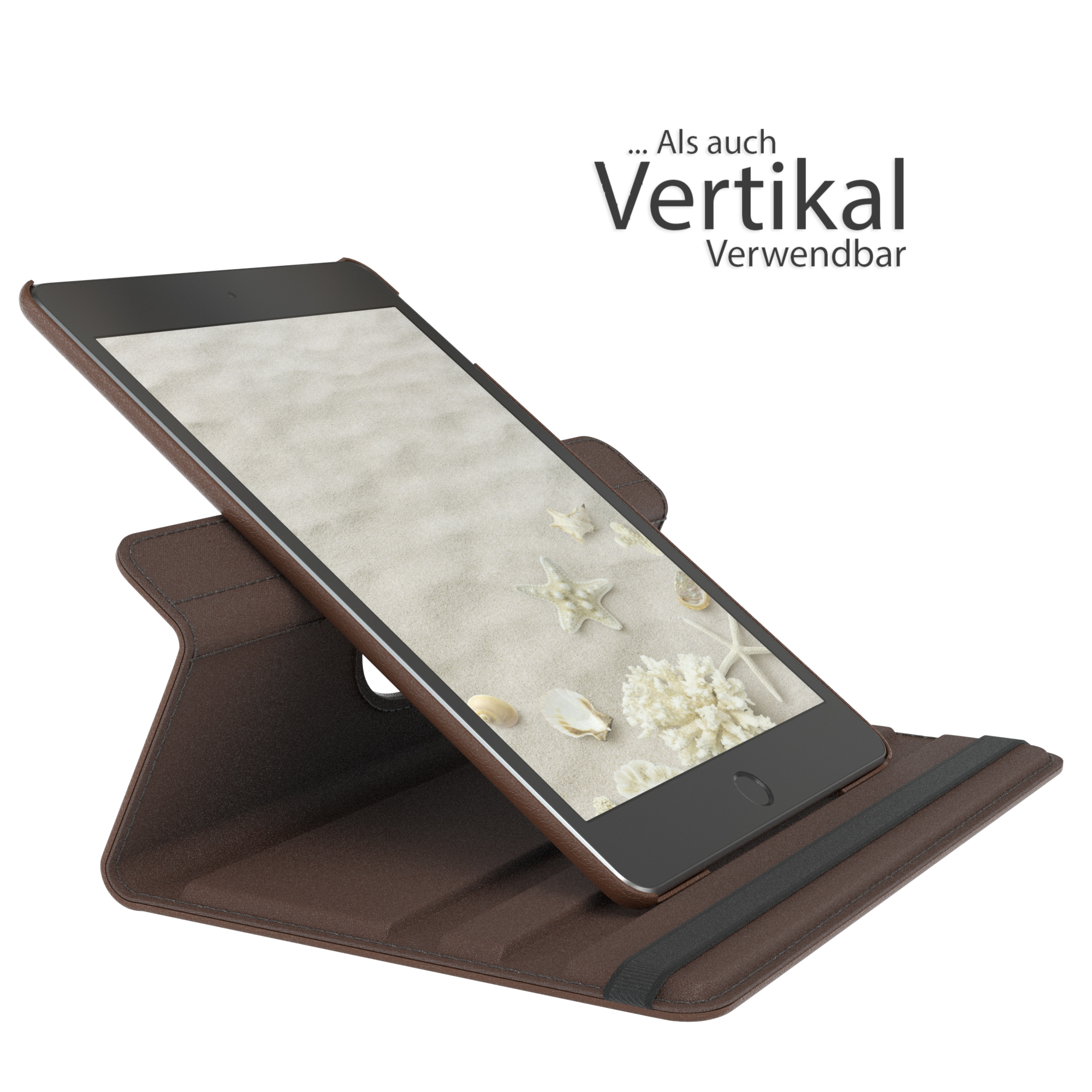 Brauner Tablethalter, der ein Tablet mit einem Bild eines Sandstrandes auf dem Bildschirm hält. Text: 'Vertikal'.