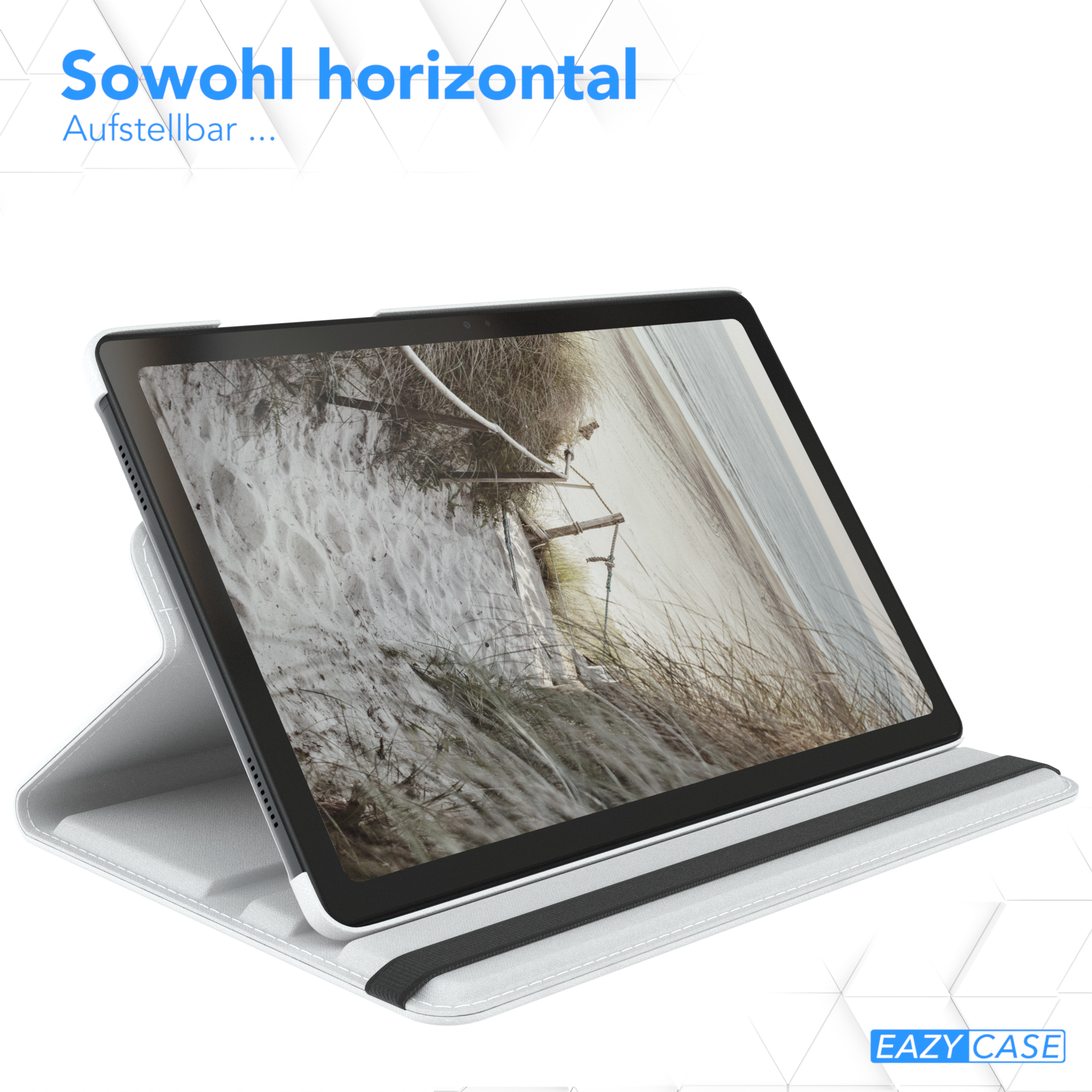 Tablet in einer Hülle. Das Tablet steht auf einem Ständer und zeigt ein Strandfoto. Die Hülle ist weiß.