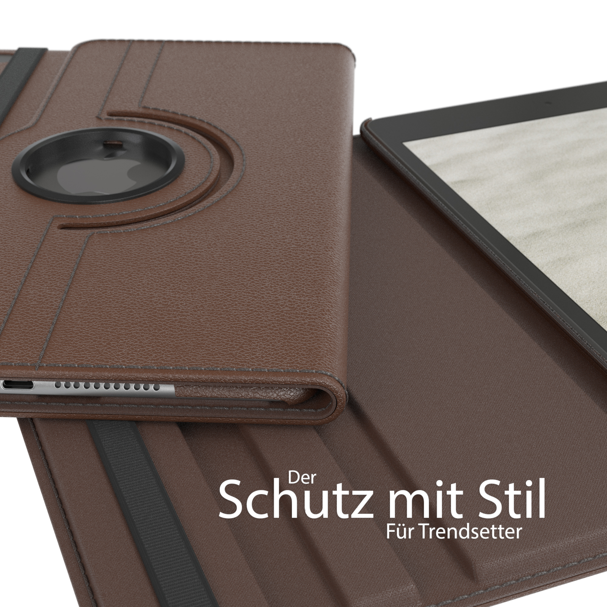 Eine braune Tablethülle mit einem Tablet darin, aus einem Winkel gezeigt, auf einer weißen Oberfläche.