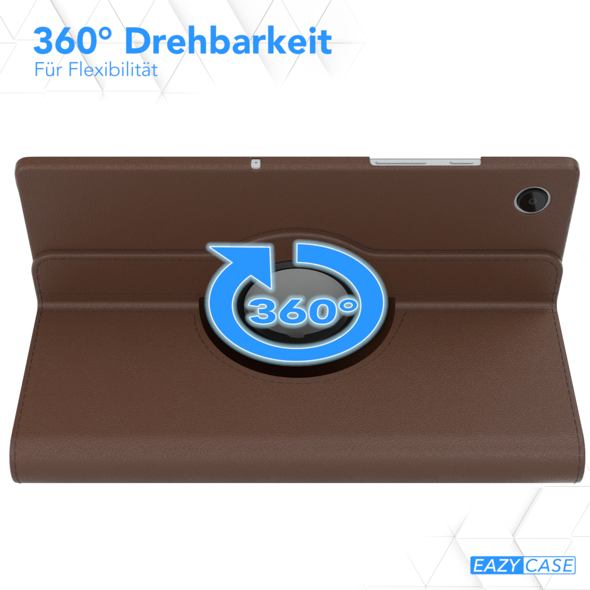 Eine braune Tablethülle mit 360-Grad-Drehfunktion.
