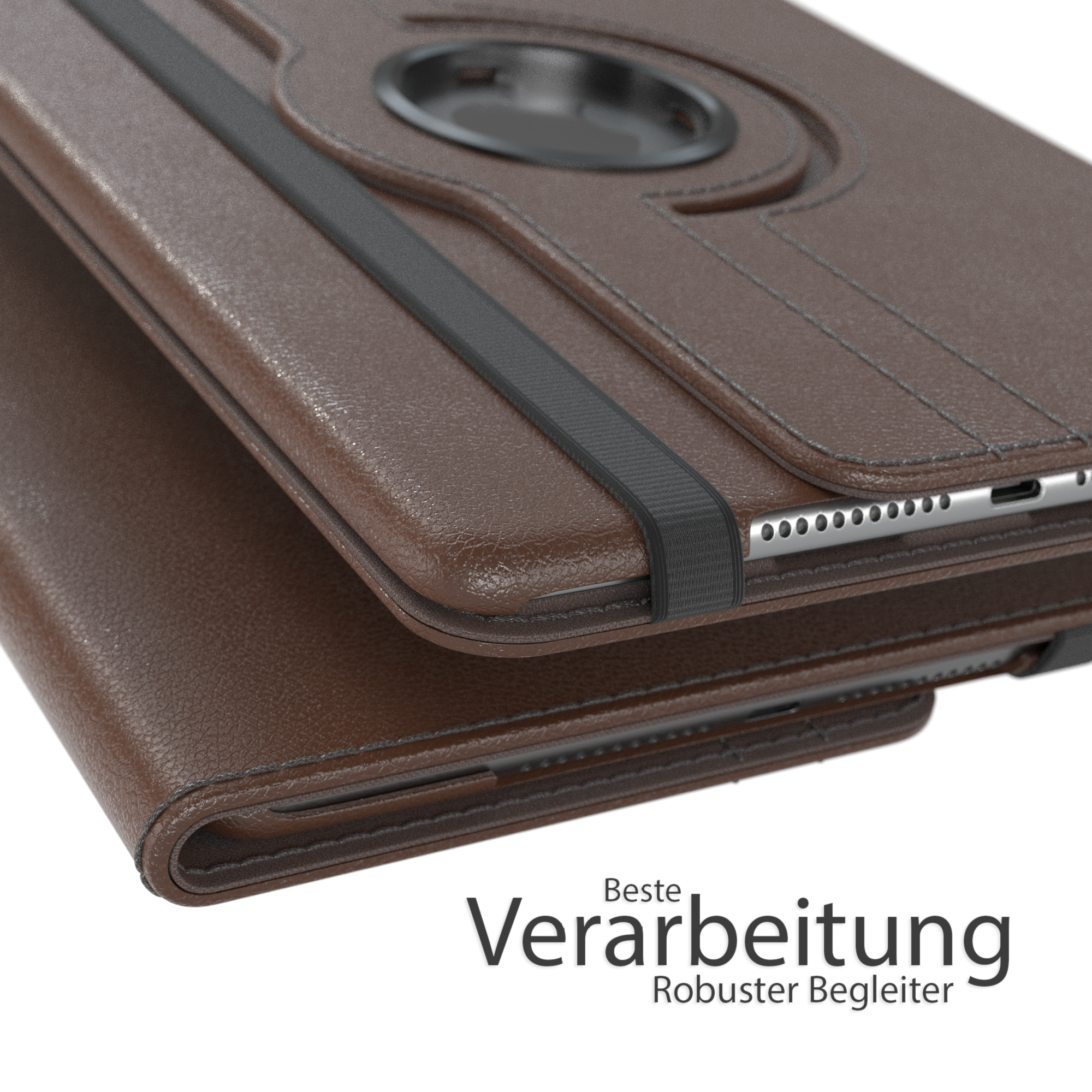 Nahaufnahme einer braunen Tablethülle. Der Deckel hat einen Drehring und ein schwarzes Gummiband.