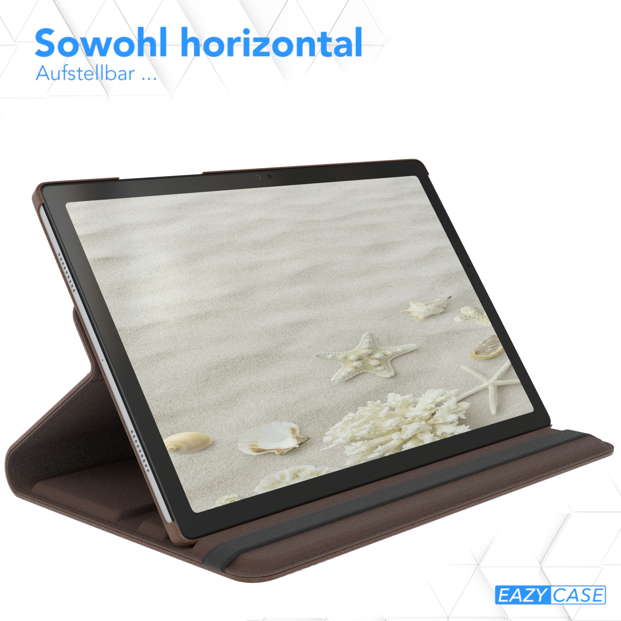 Ein Tablet in einer Hülle, das an einem Strand mit Muscheln liegt. Der Hintergrund ist ein Strand.