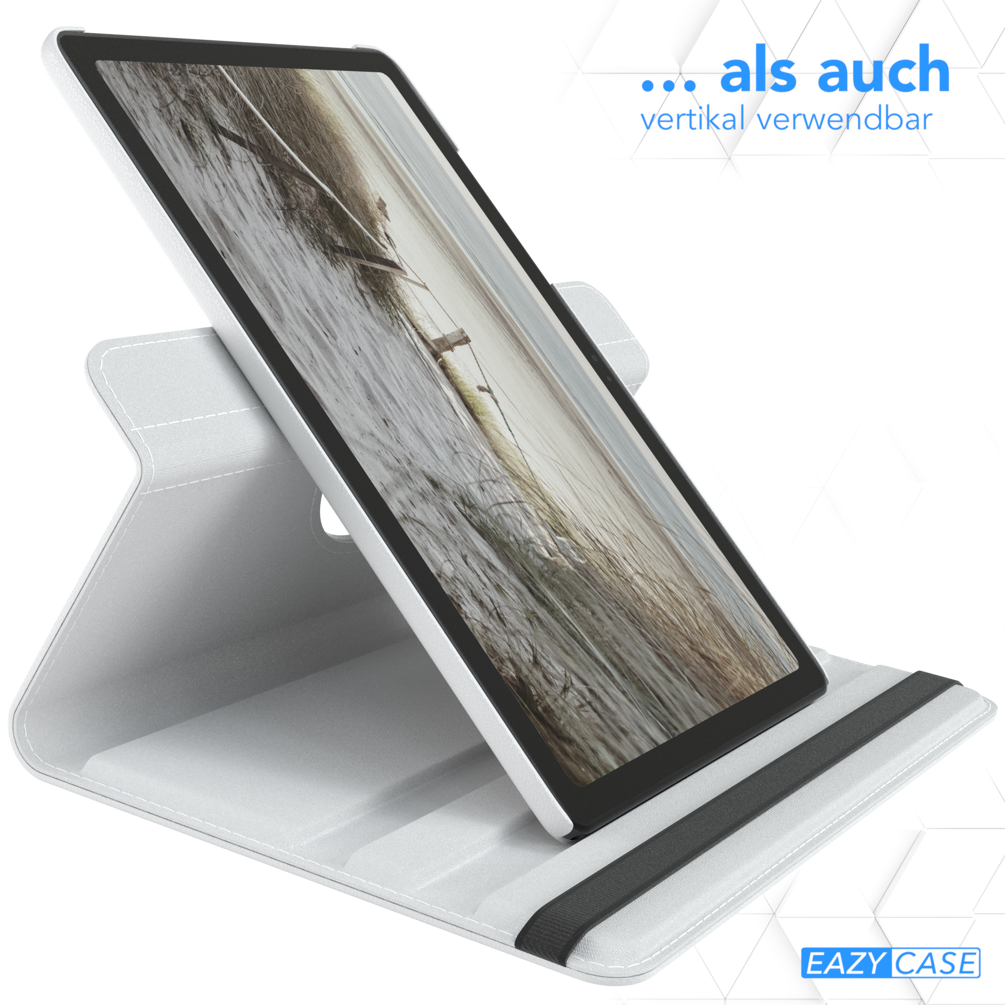 Tablet in weißer Standhülle. Text oben: 'Vertikal'. Tablet steht senkrecht.