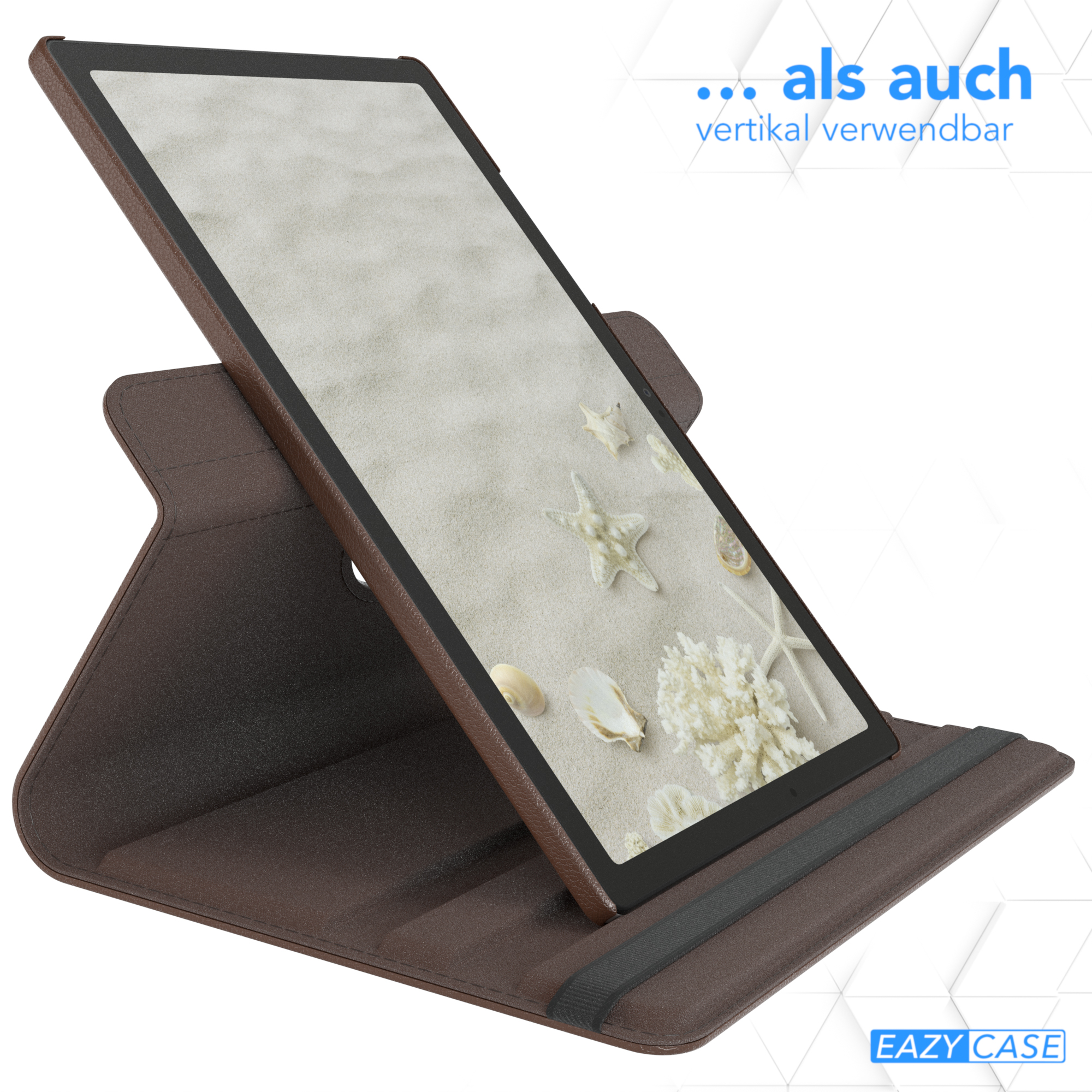 Braunes Tablet im Ständer mit Sandhintergrund, Muscheln. Deutscher Text oben.