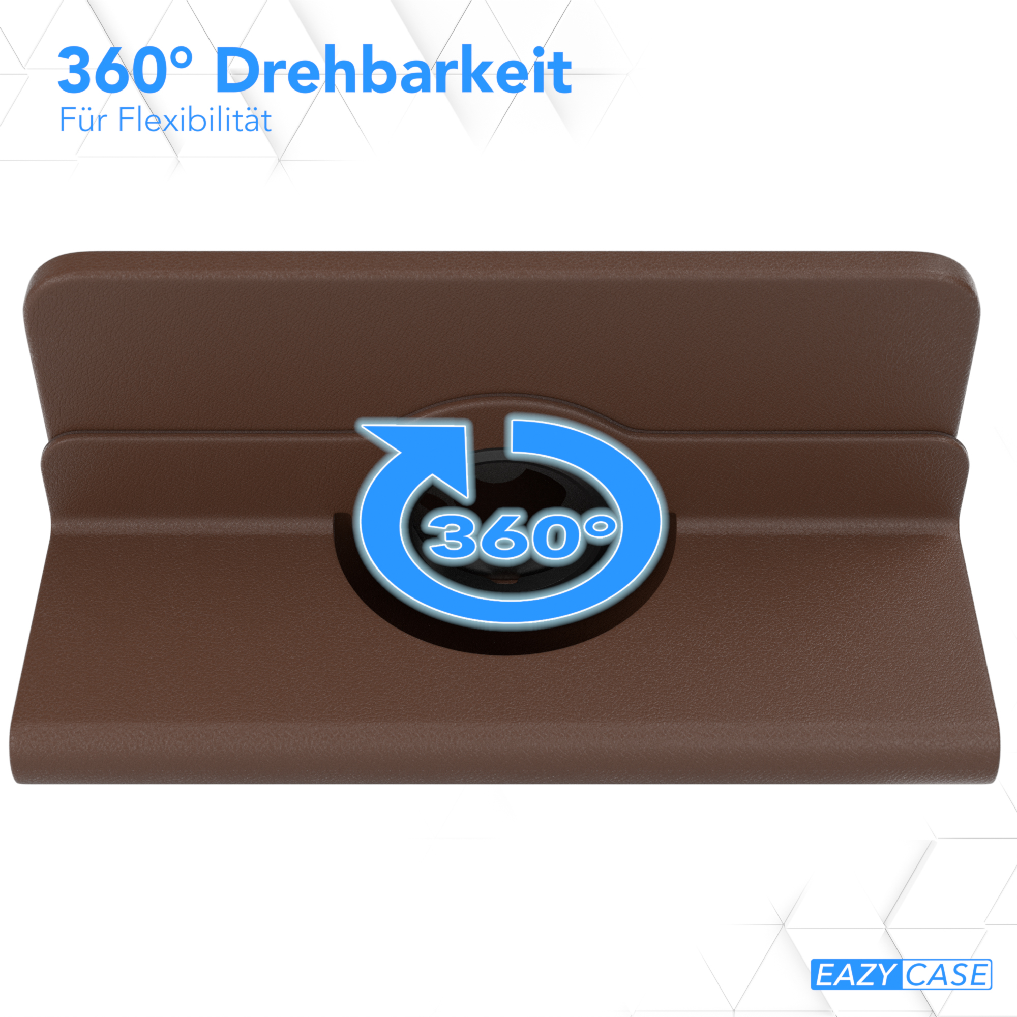 Braune Tablet-Hülle, zeigt ein 360-Grad-Rotationssymbol.