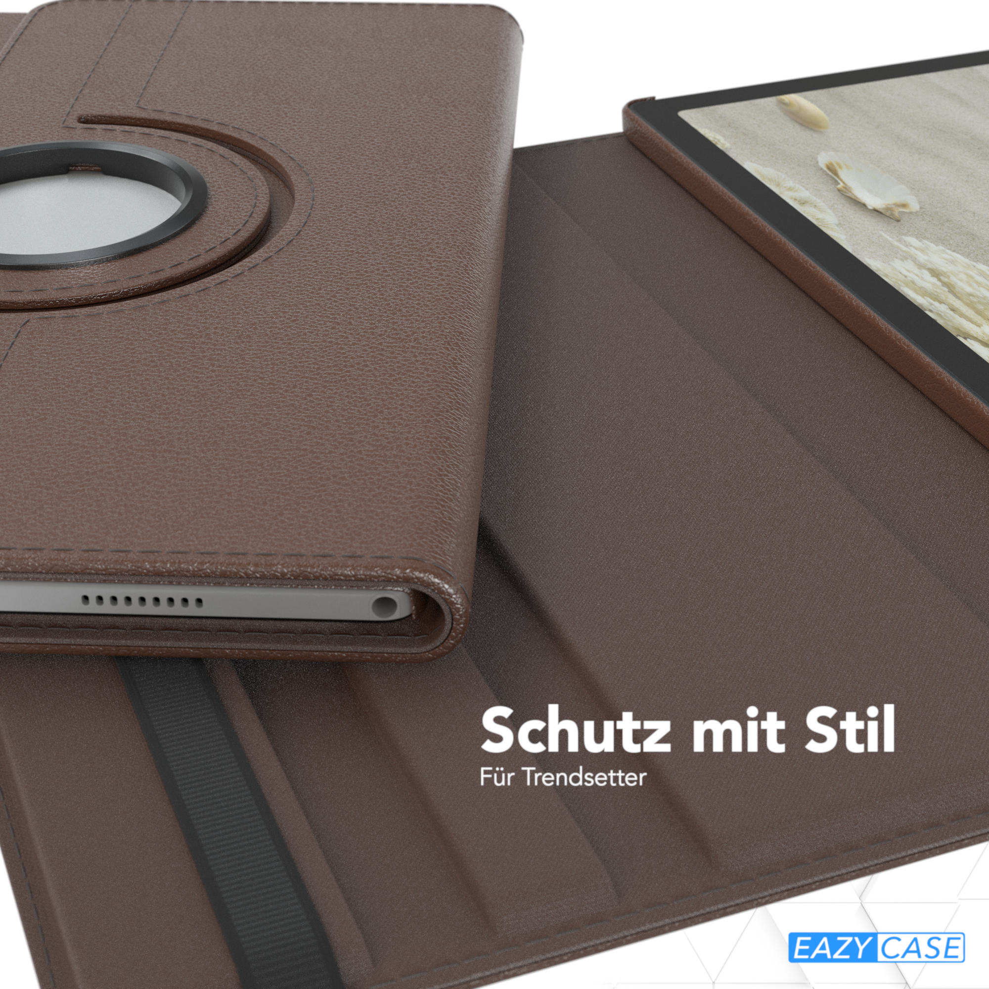 Braunes Tablet-Case, offen, Tablet zeigend. Das Case hat einen Drehmechanismus. EAZY CASE Logo.