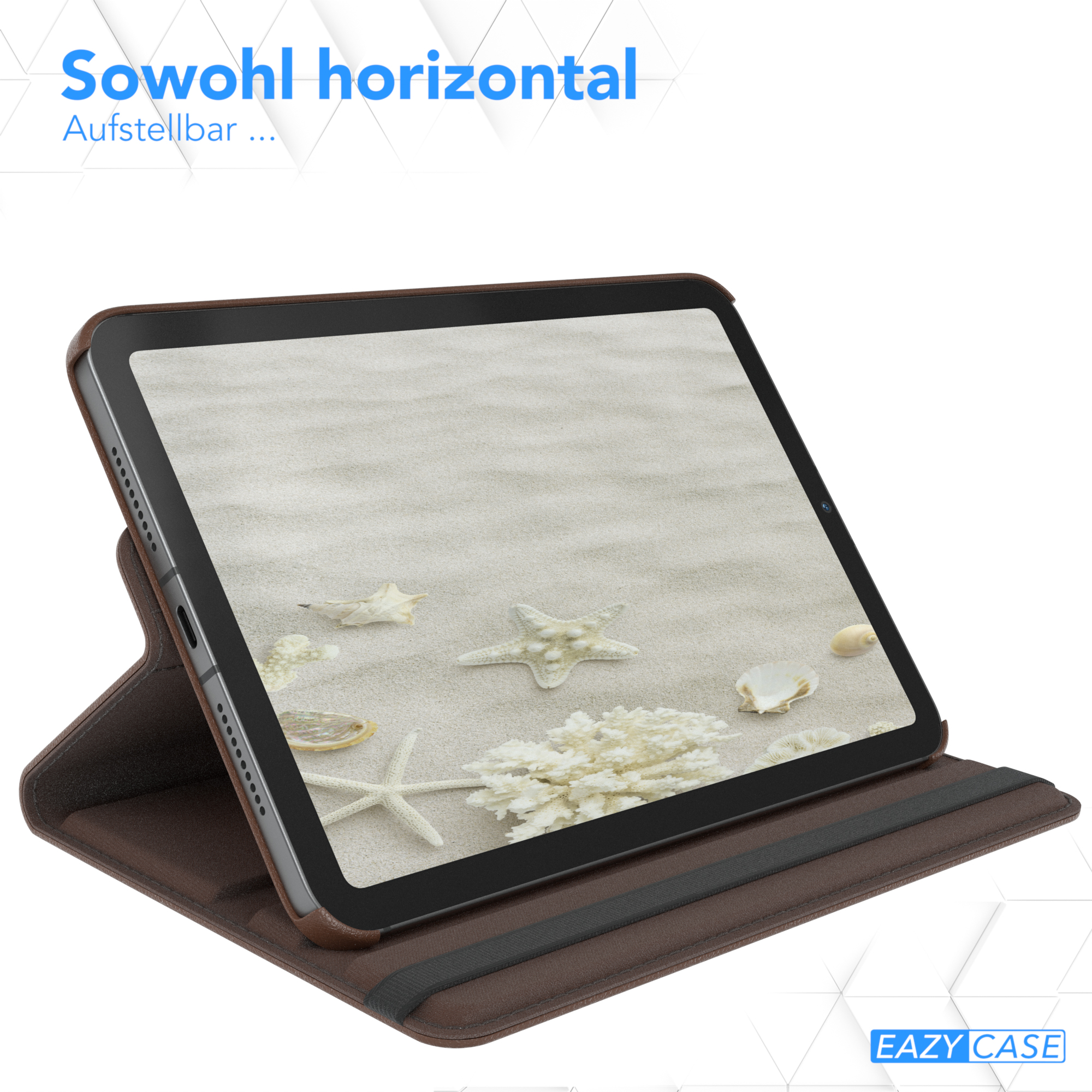 Tablet mit brauner Hülle, zeigt eine Strandszene. Text erwähnt horizontale Nutzung.