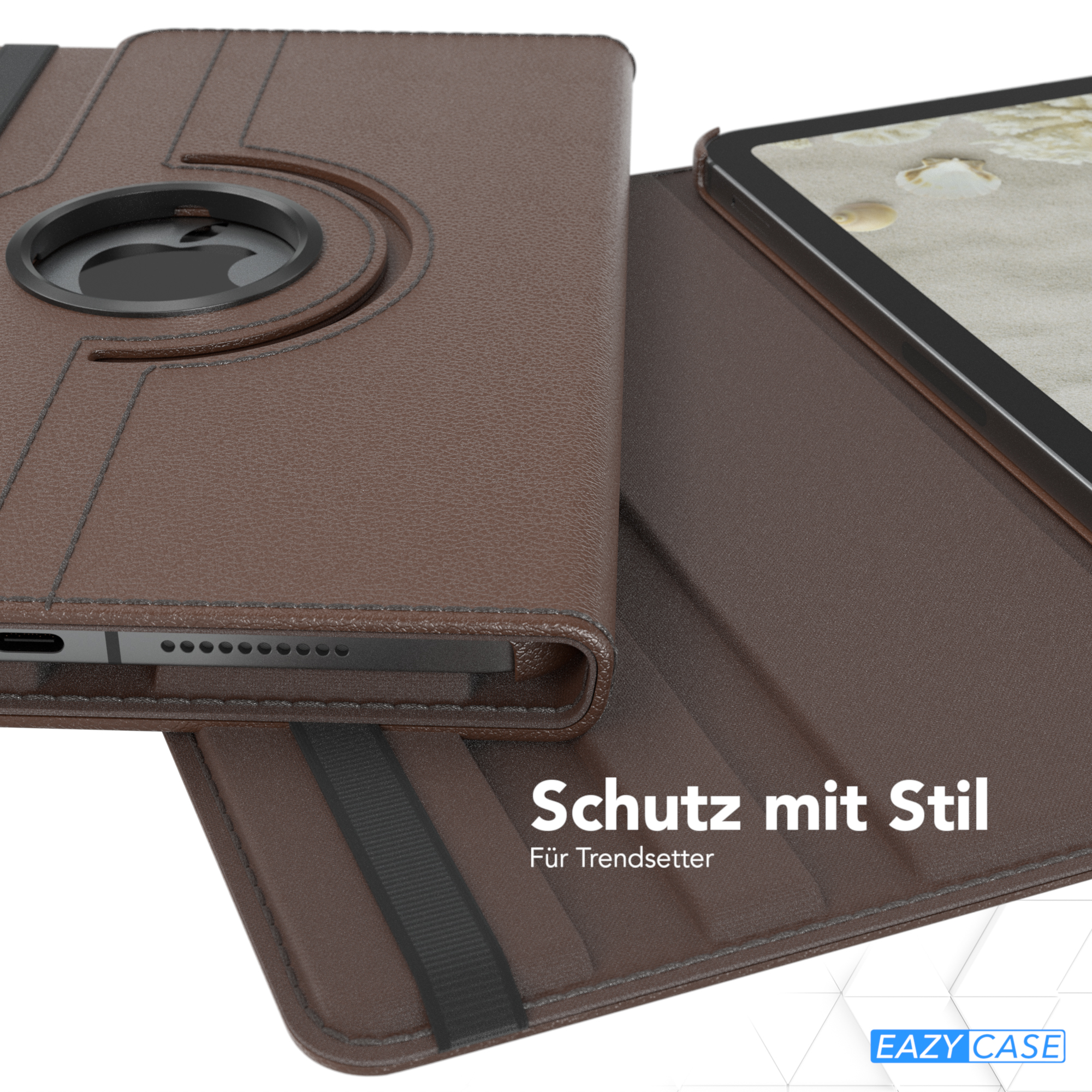 Braune Tablet-Hülle mit Tablet innen. Der Deckel ist offen, mit schwarzem Gummiband.