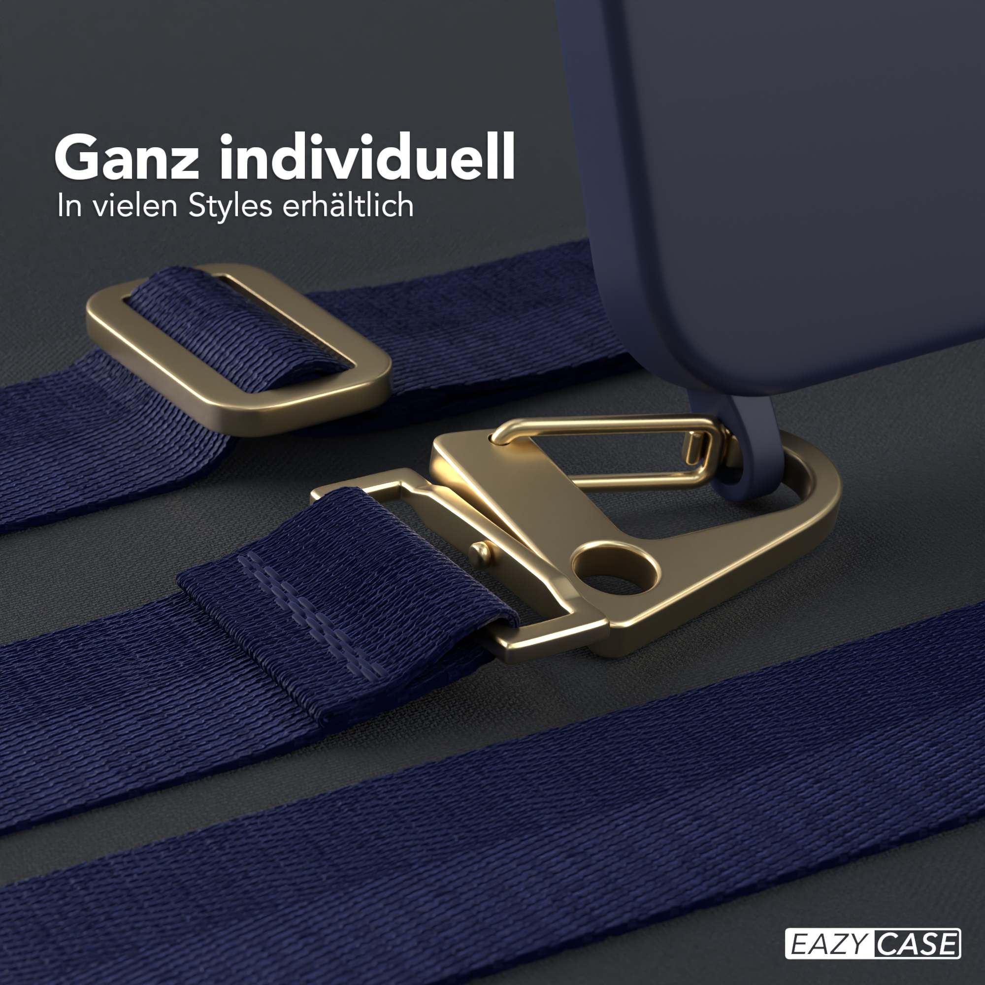 Nahaufnahme der Befestigungen des Handyhüllenriemens. Goldene Verschlüsse, marineblauer Riemen.