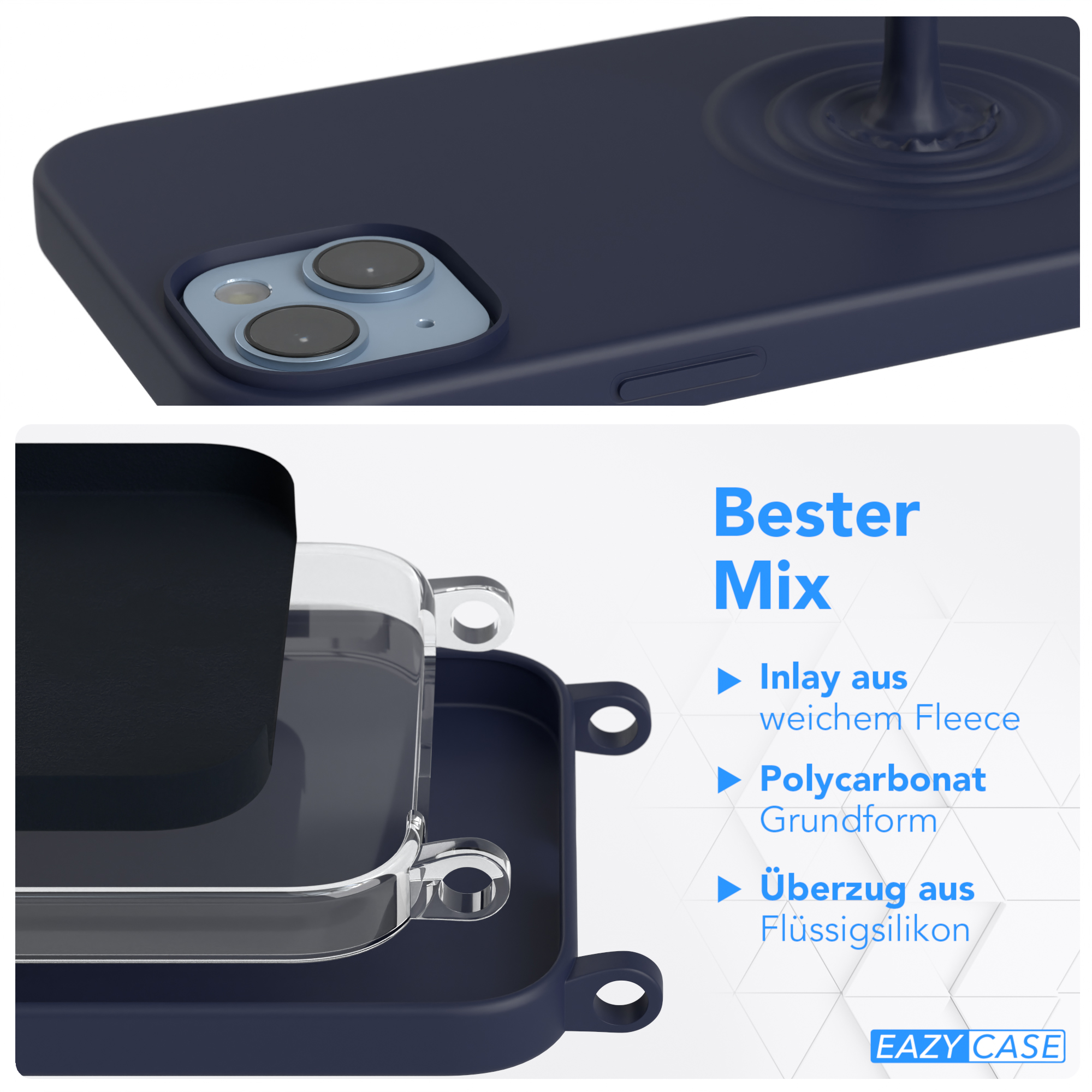 EAZY CASE Blau iPhone Gold Handy Umhängetasche, Silikon Plus, Dunkel Hülle, Premium Kette Karabiner mit Apple, 14 / Breit