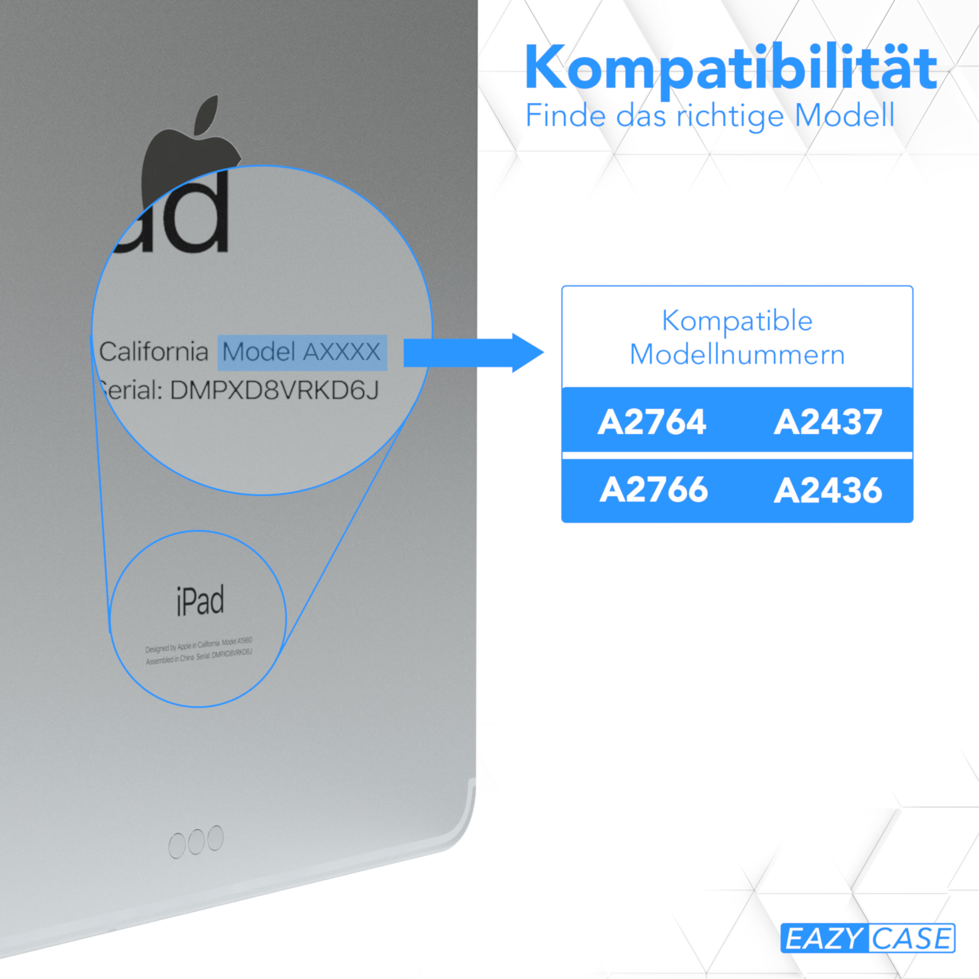 iPad-Rückseite mit Modellinfos und Kompatibilitätsliste. Blauer Text rechts hebt kompatible Modellnummern hervor.