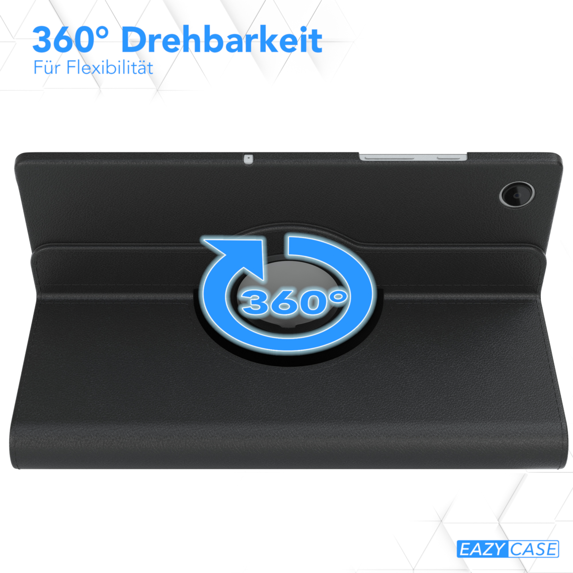 Schwarze Tablethülle mit Drehfunktion, schwarze Außenseite und 360-Grad-Pfeilgrafik.