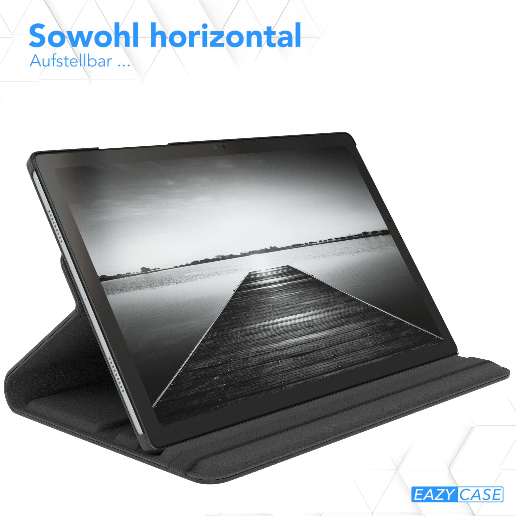 Tablet in einem Gehäuse mit Dock, das ein Steg-Bild auf dem Bildschirm zeigt.