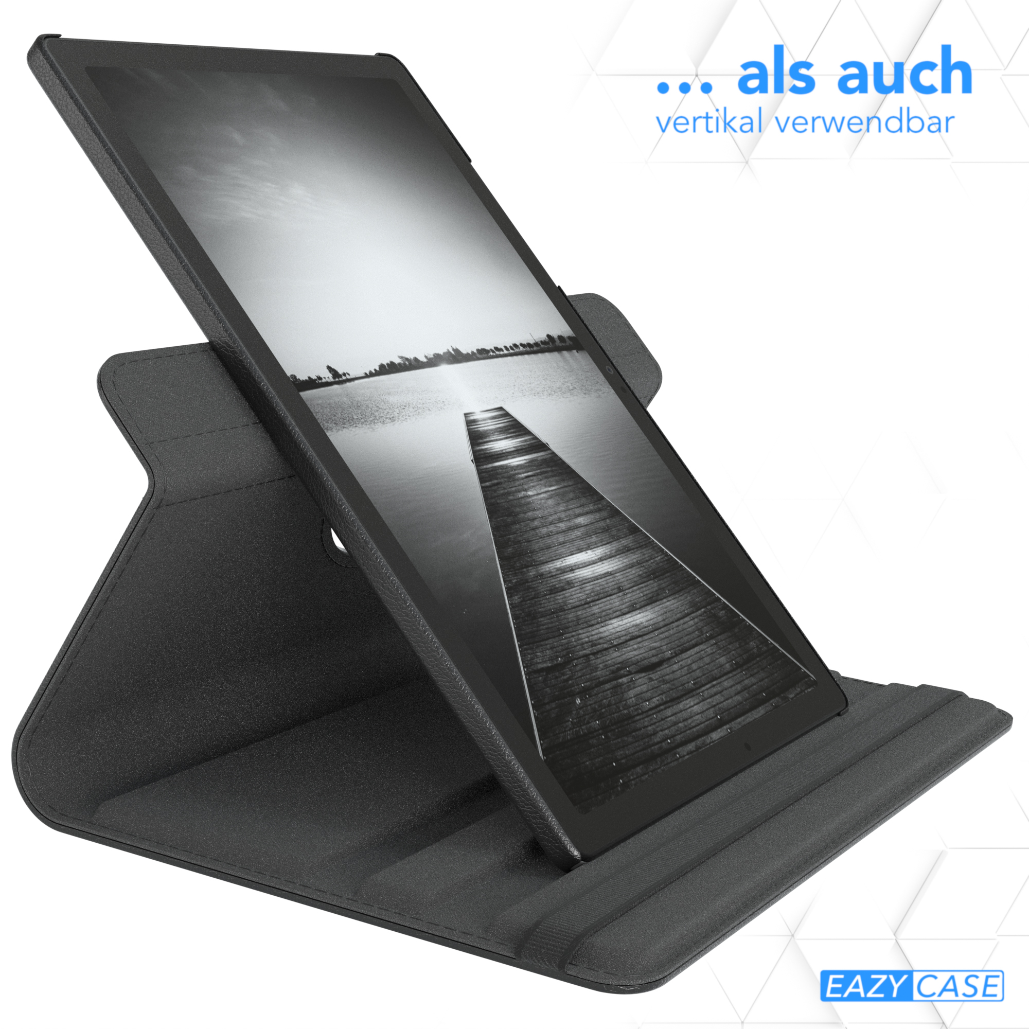 Schwarzes Tablet in einem Ständer mit schwarzer Hülle. Der Bildschirm zeigt einen Holzsteg in Schwarzweiß.
