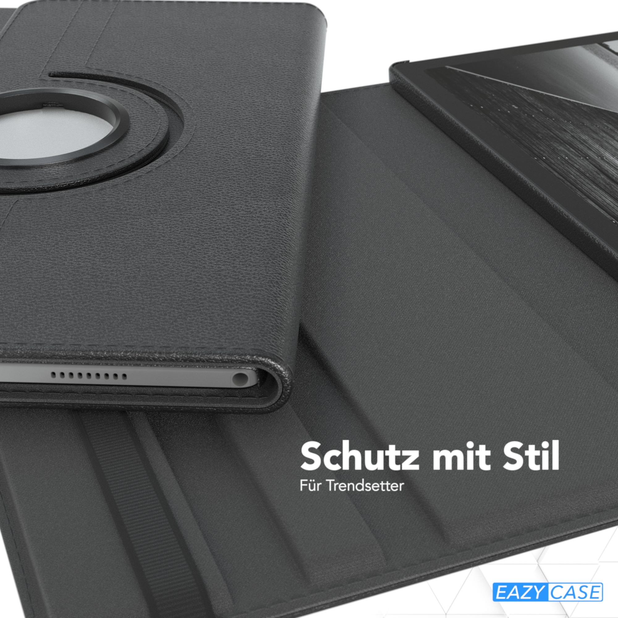Schwarze Tablet-Hülle mit geöffnetem Tablet, Text 'Schutz mit Stil' und Logo.