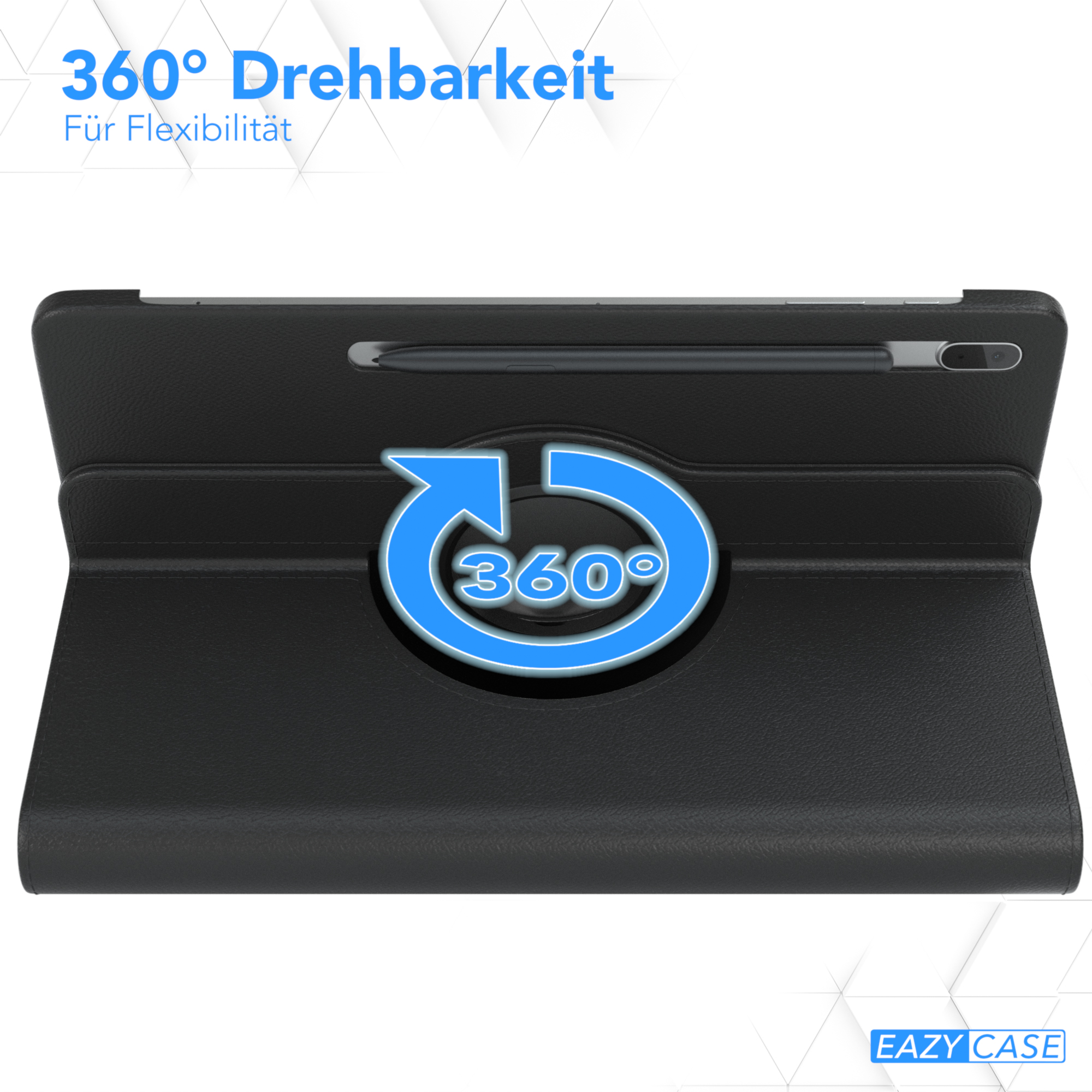 Schwarze Tablet-Hülle, geöffnet und gedreht. Stift sichtbar. Die Hülle hat eine 360-Grad-Drehung.