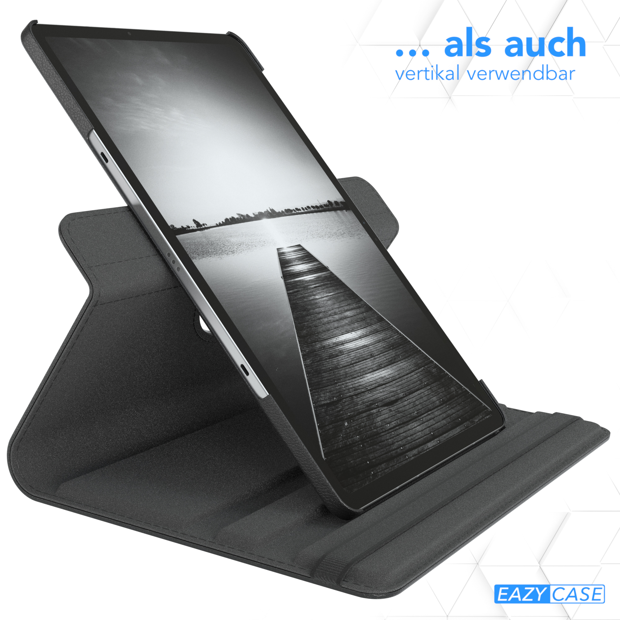 Ein Tablet in einem Ständer, das eine Brücke über Wasser zeigt.