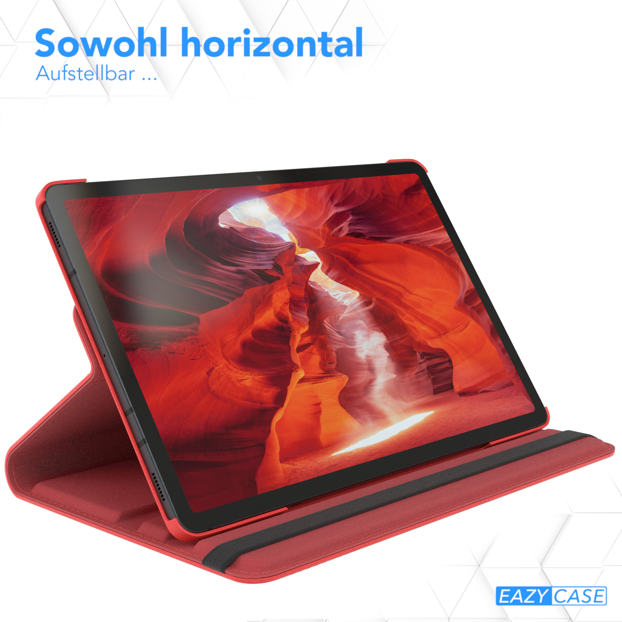 Rote Tablethülle mit Tablet, das eine Schlucht zeigt, im Ständer.