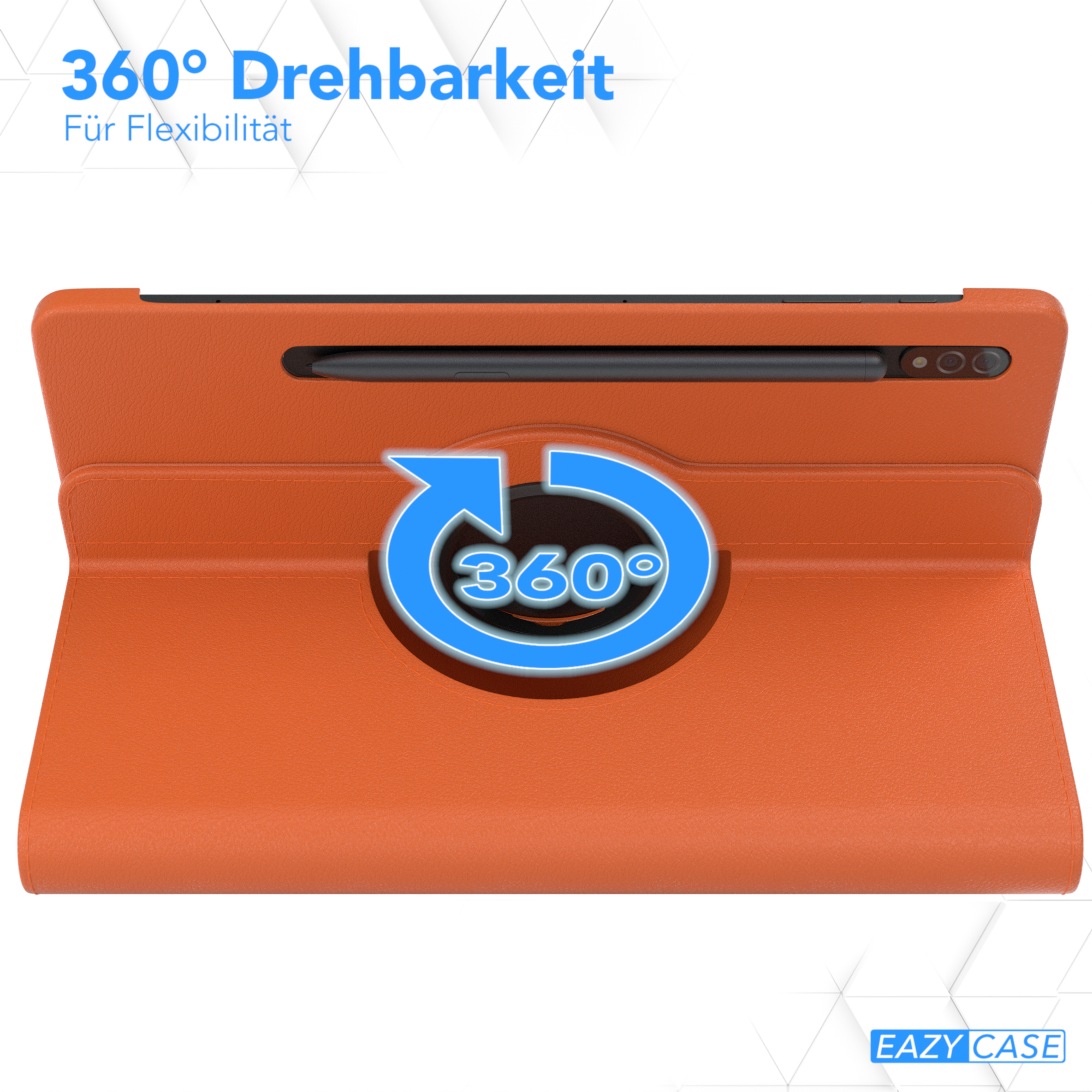 Orange Tablethülle mit 360-Grad-Rotationssymbol. Das Tablet ist schwarz.