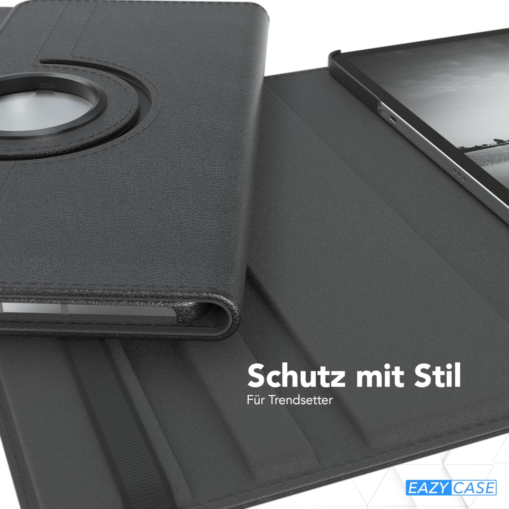 Schwarze Tablet-Hülle geöffnet, Tablet im Inneren sichtbar. Schwarzer Ring und Riemen. Text: Schutz mit Stil.