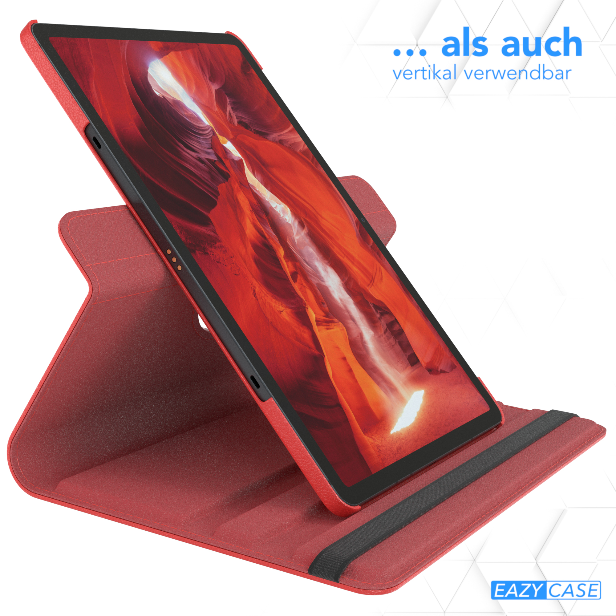 Tablet in roter Hülle, aufgestellt. Text oben. Hülle auf einem Tisch.
