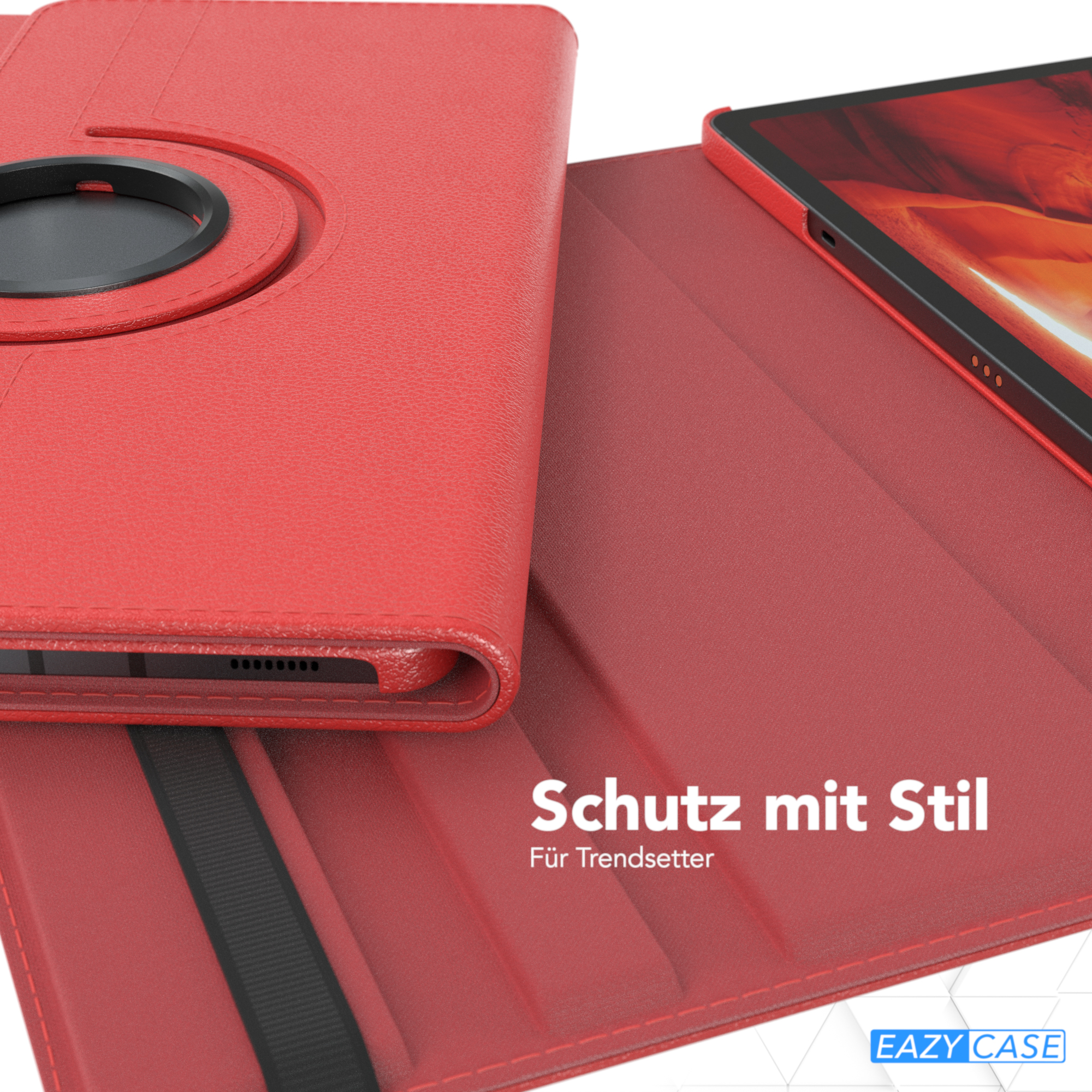 Eine rote Tablethülle mit schwarzem Riemen. Der Text lautet 'Schutz mit Stil'.