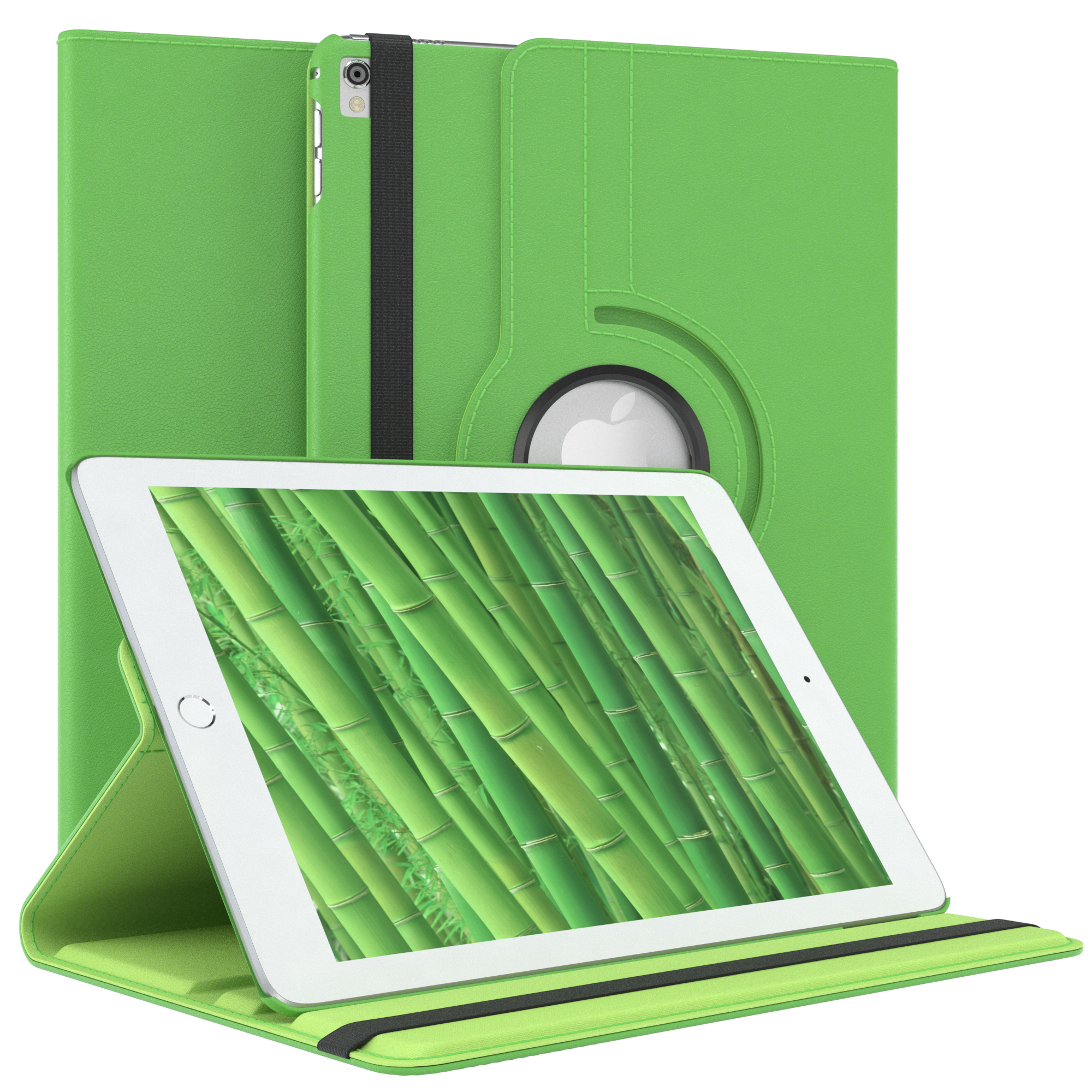 Grünes Tablet mit Bambus-Bildschirm, in einer grünen Hülle. Hintergrund ist eine Hülle.