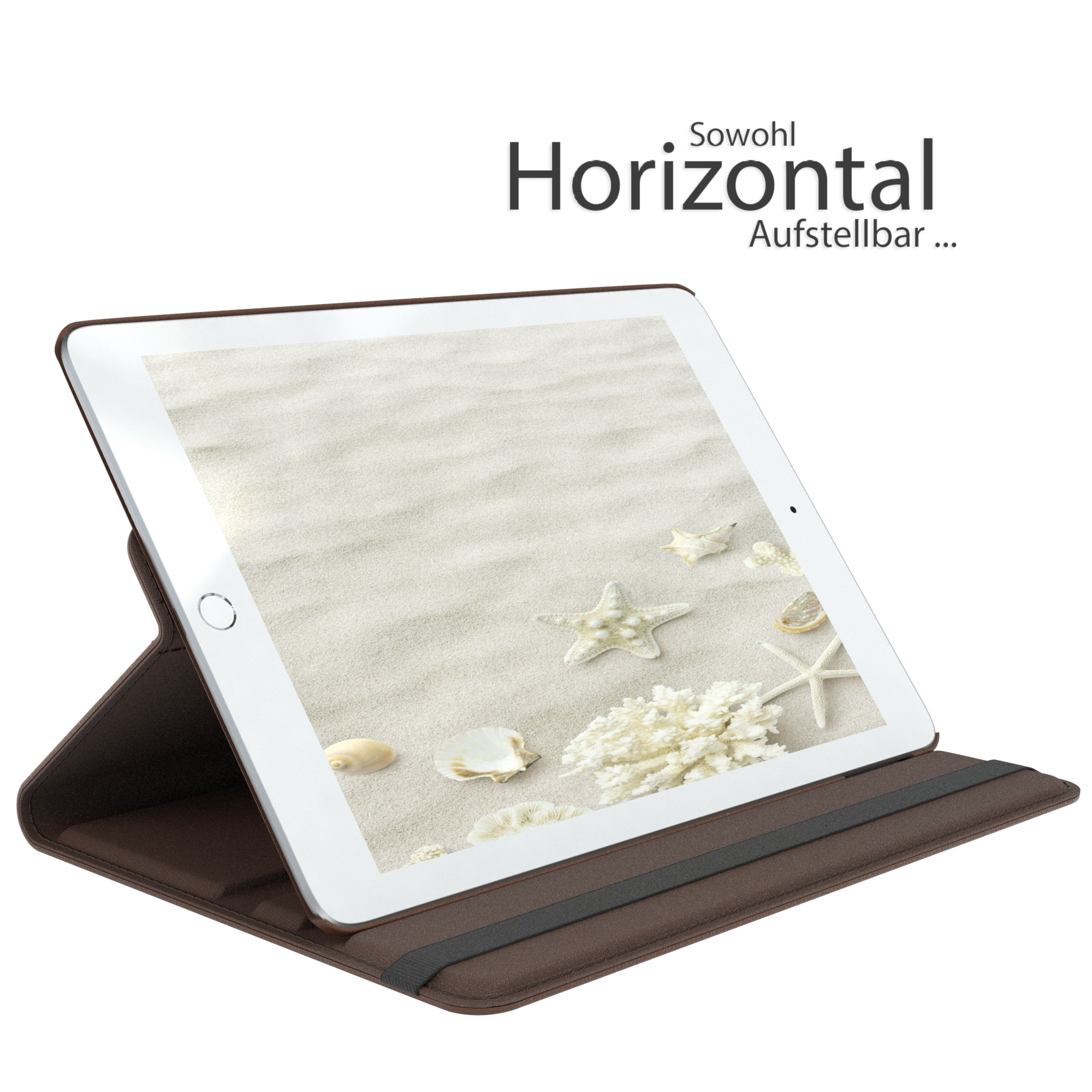 Tablet mit Strandmotiv in brauner Hülle. Text: 'Sowohl horizontal'.