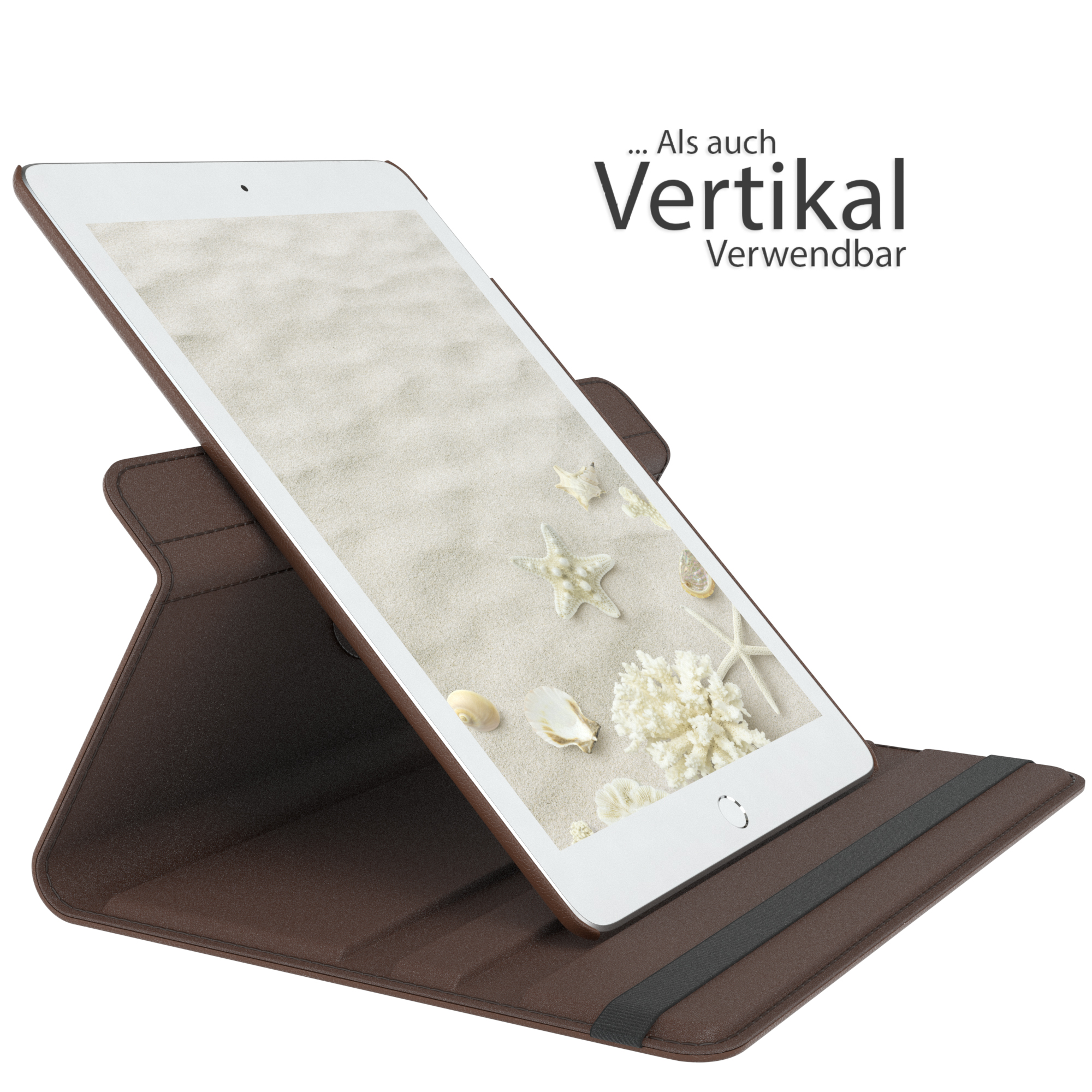 Tablet in braunem Ständer, abgewinkelt. Der Bildschirm zeigt eine Strandszene. Text sagt, dass es vertikal verwendet werden kann.