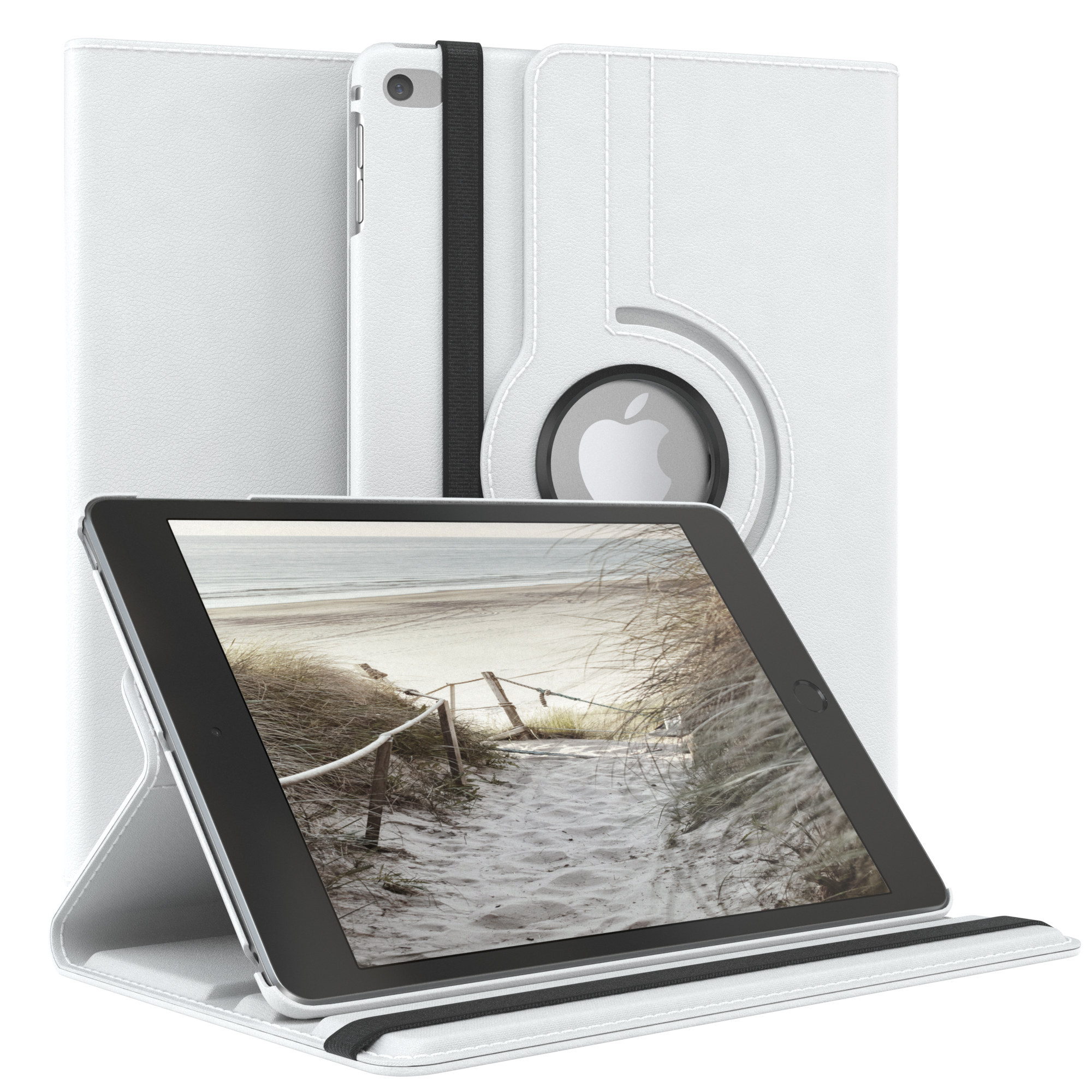 Weiße Tablethülle mit Tablet, das eine Strandszene zeigt. Schwarzes Riemendetail.
