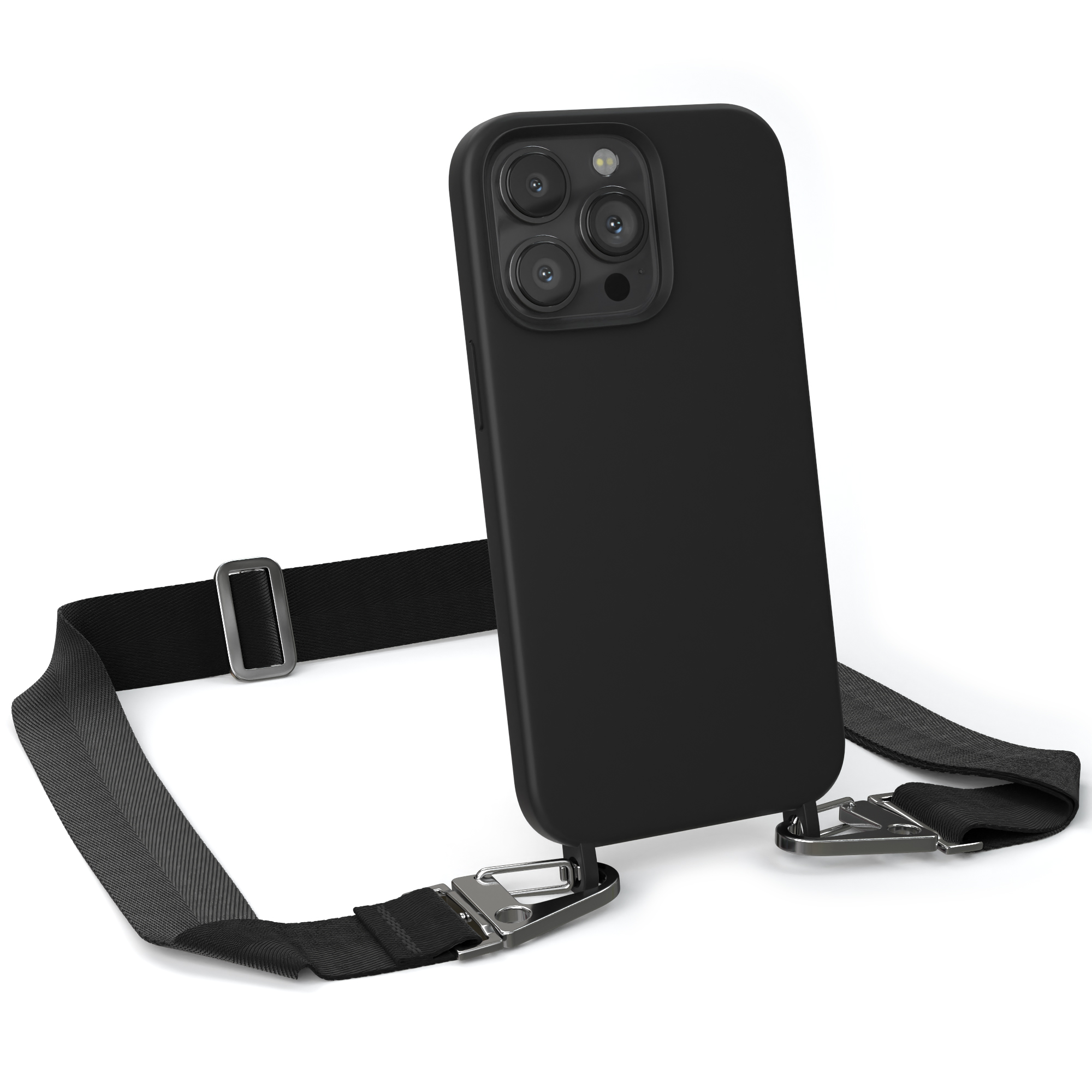 Schwarzes Telefon mit schwarzem Riemen. Das Telefon hat mehrere Kameras. Der Riemen hat einen Metallverschluss.
