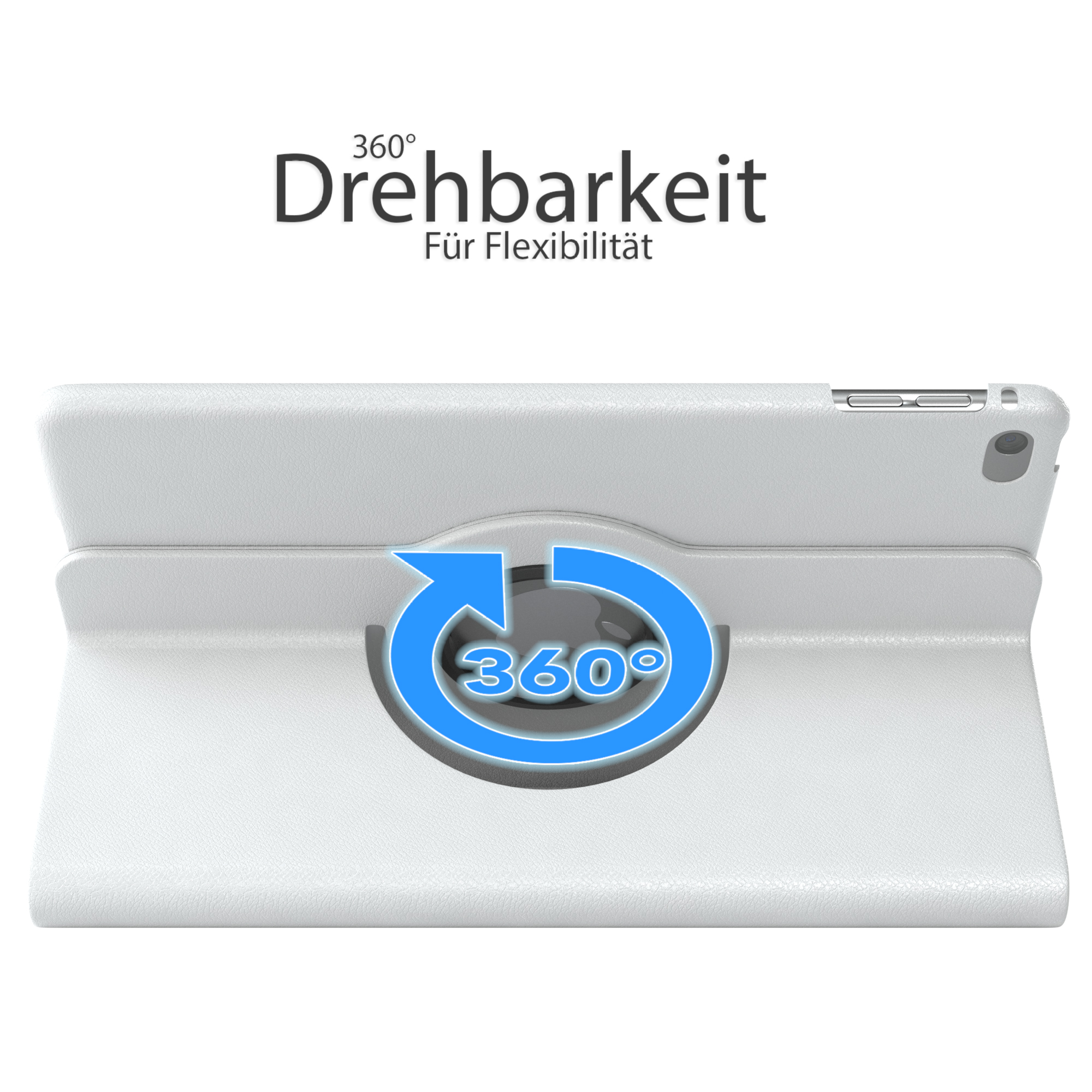 Weiße Tablethülle mit 360-Grad-Drehscharnier.
