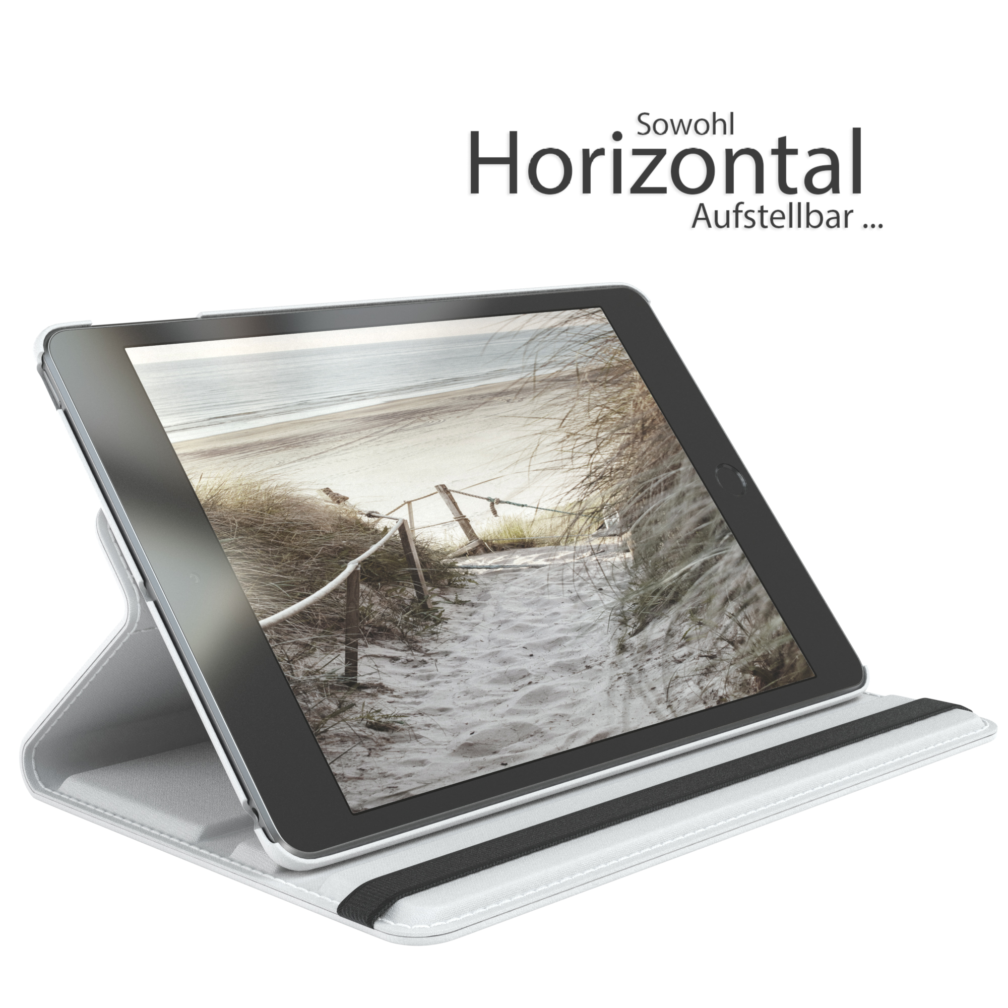 Tablet in einem weiß-grauen Gehäuse, das eine Strandszene zeigt. Text: Horizontal Aufstellbar.