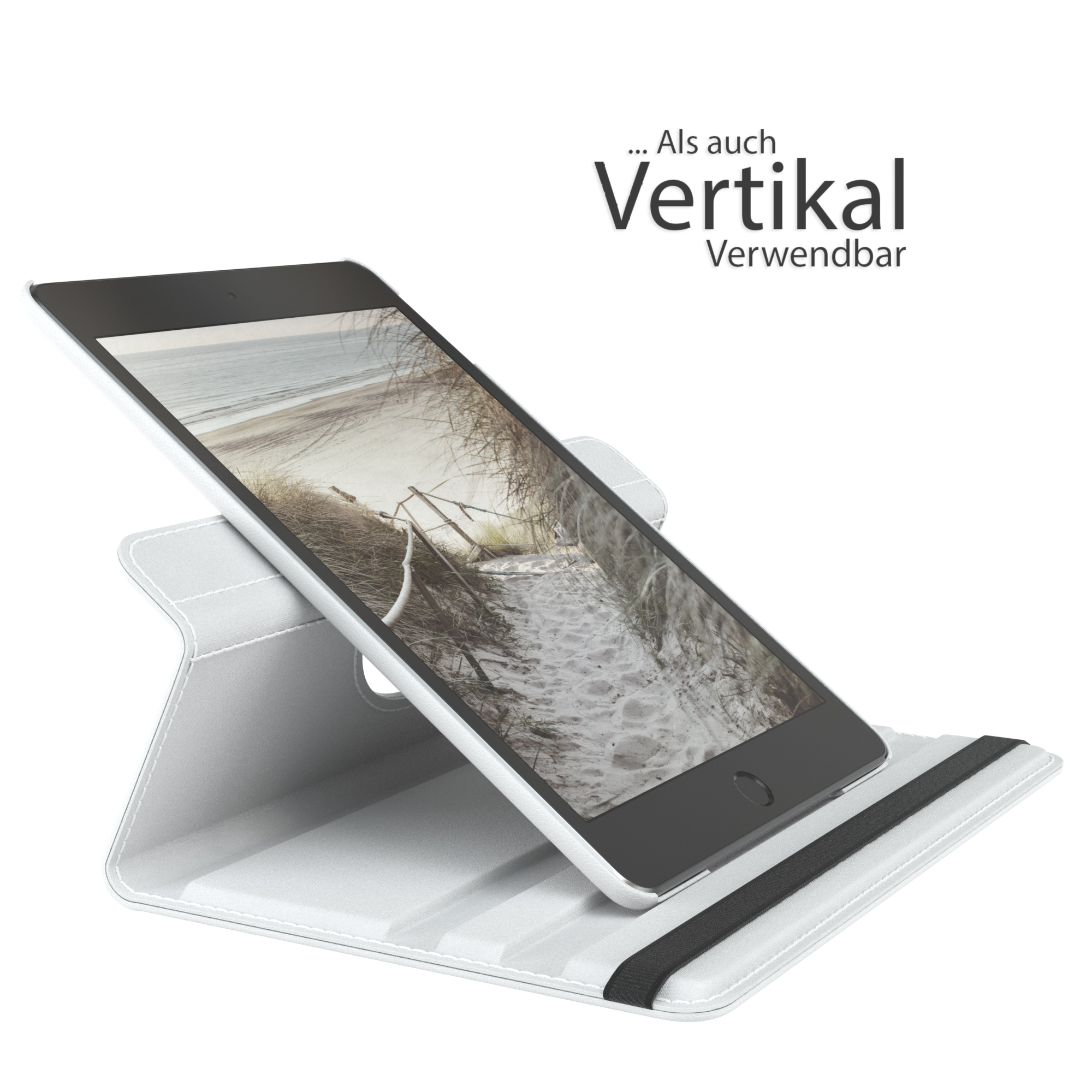 Weiße Tablethülle mit Tablet, das ein Landschaftsbild zeigt. Vertikale Position.