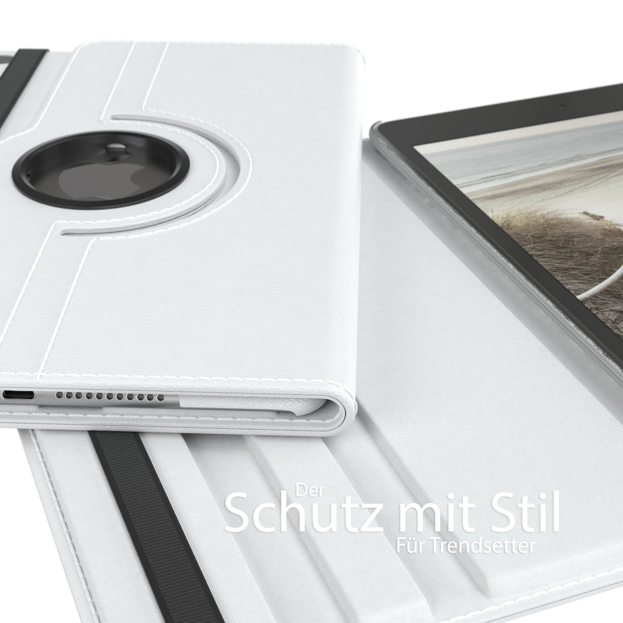 Weiße Tablethülle mit geöffnetem Deckel. Die Hülle liegt auf weißem Untergrund.