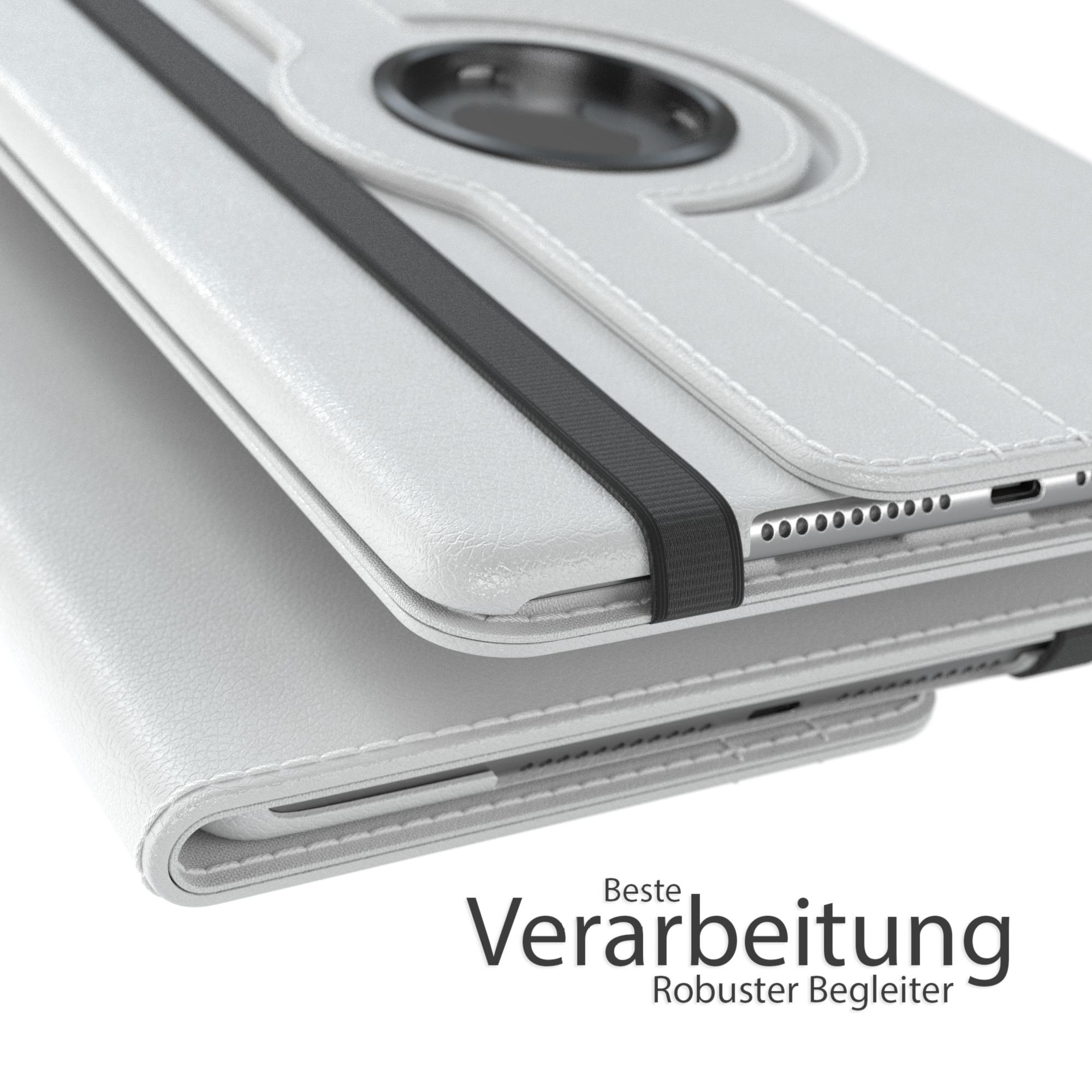 Weiße Tablethülle mit Tablet, schwarzem Band und Details.