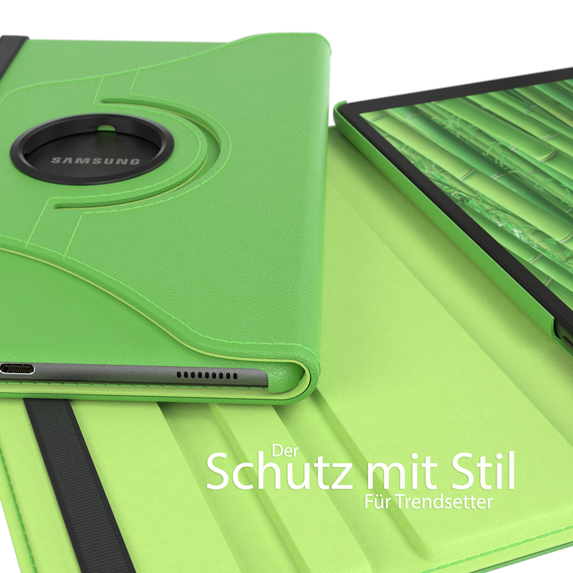 Grüne Tablethülle mit Bambus auf dem Bildschirm. Rückseite mit Samsung-Logo.