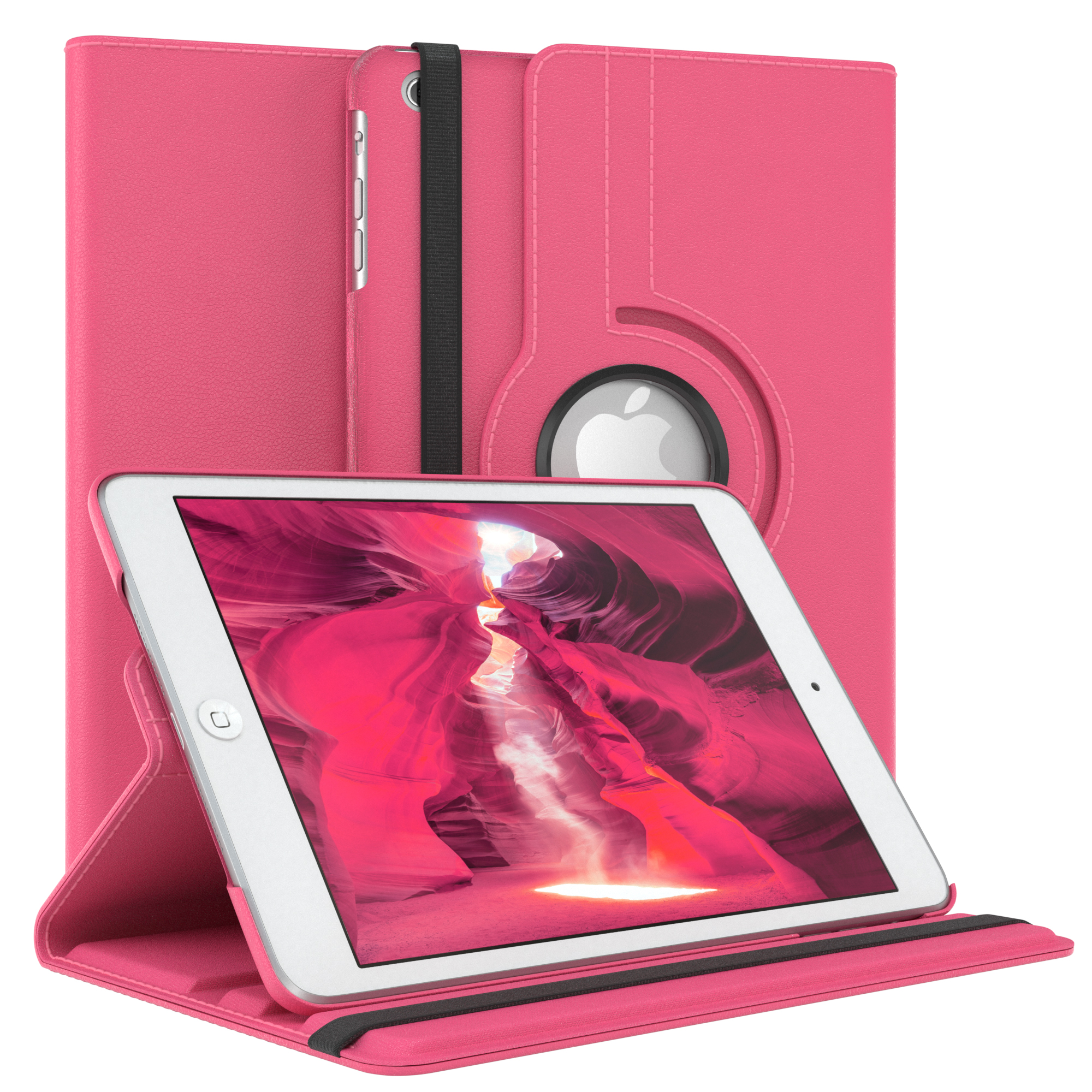 Rosa iPad-Hülle mit einem Tablet davor. Der Hintergrund ist weiß.