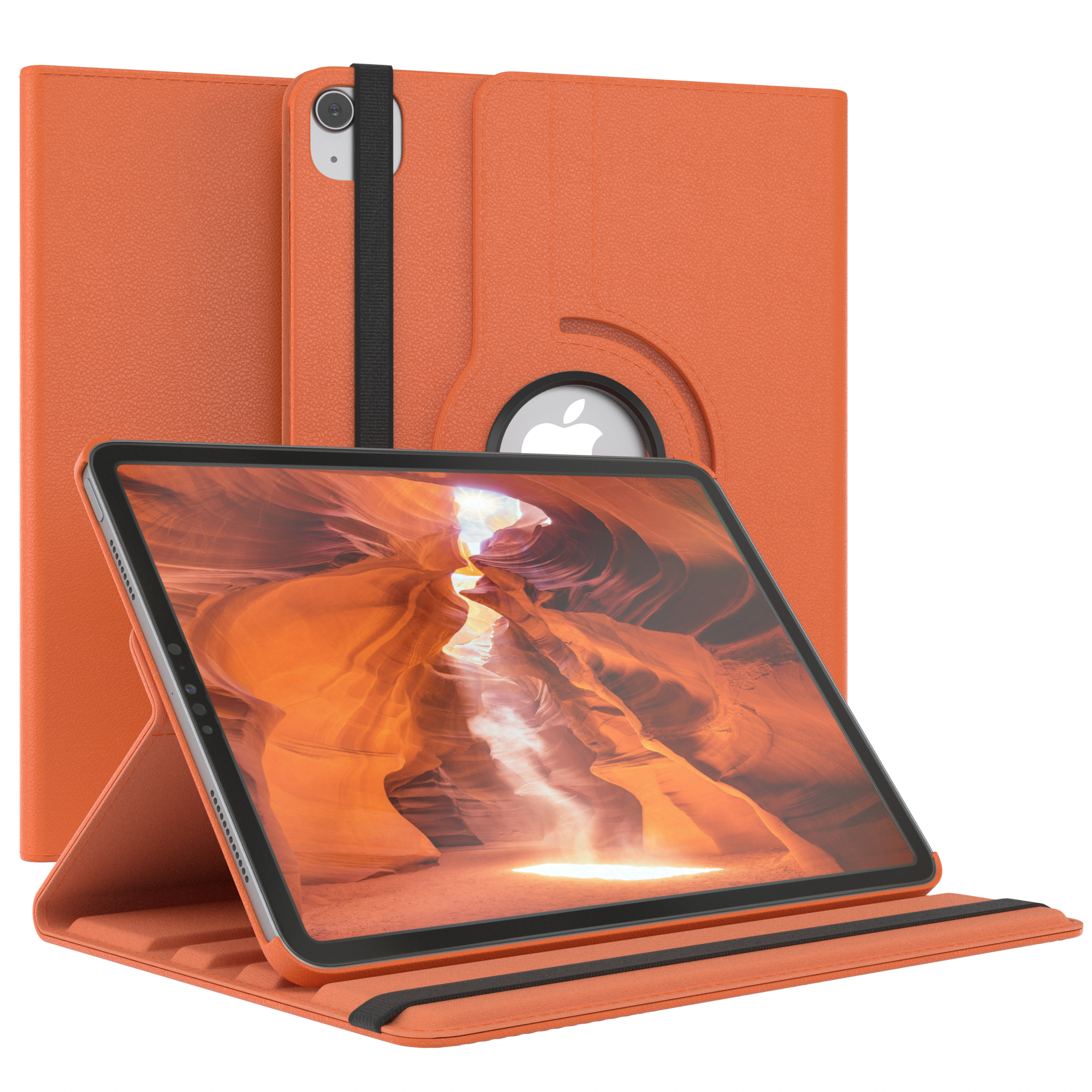 Orangene Tablet-Hülle mit schwarzem Riemen und Tablet mit Landschaftsanzeige.