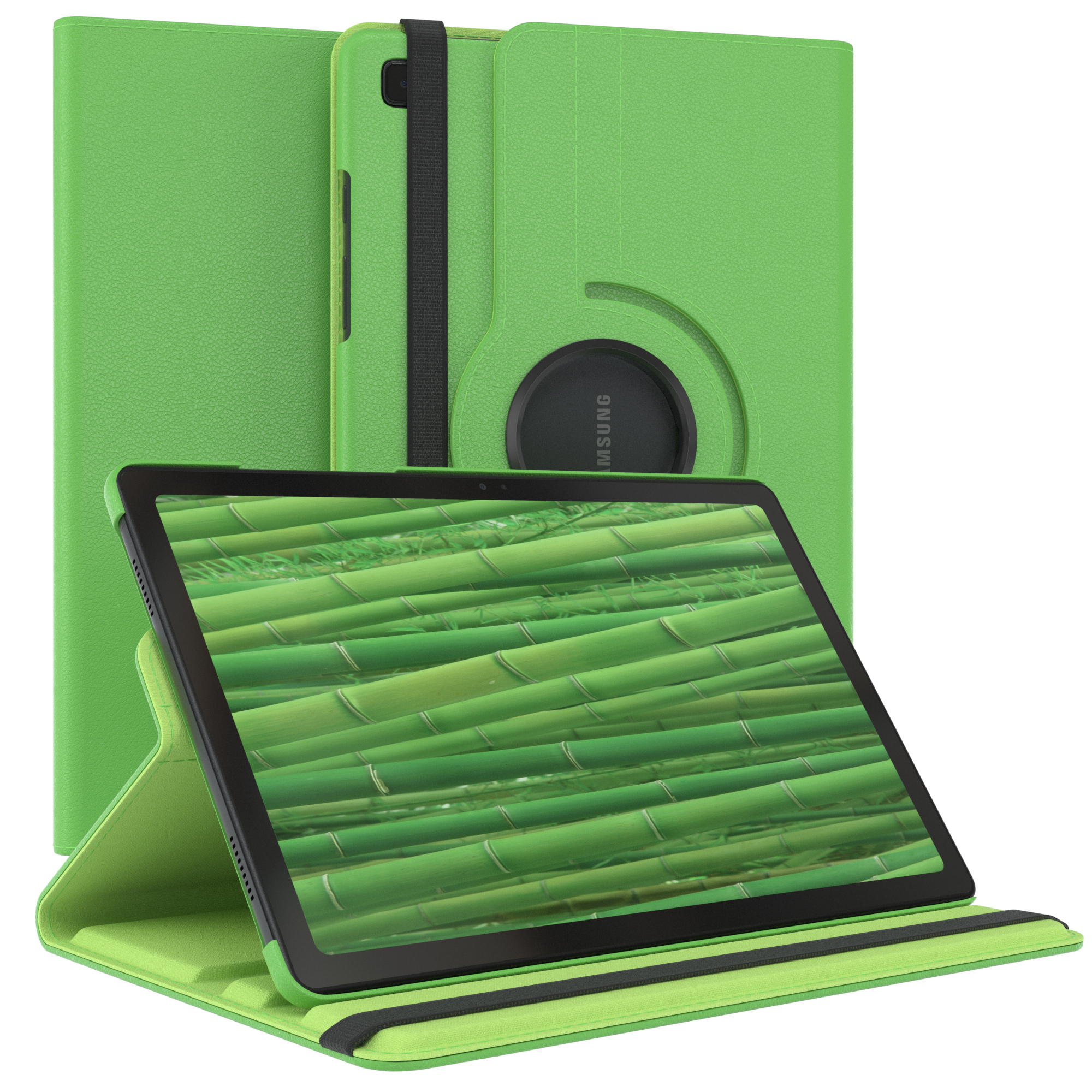Grüne Tablethülle mit Tablet und Ständer. Hintergrund enthält Hülle und grünes Muster.