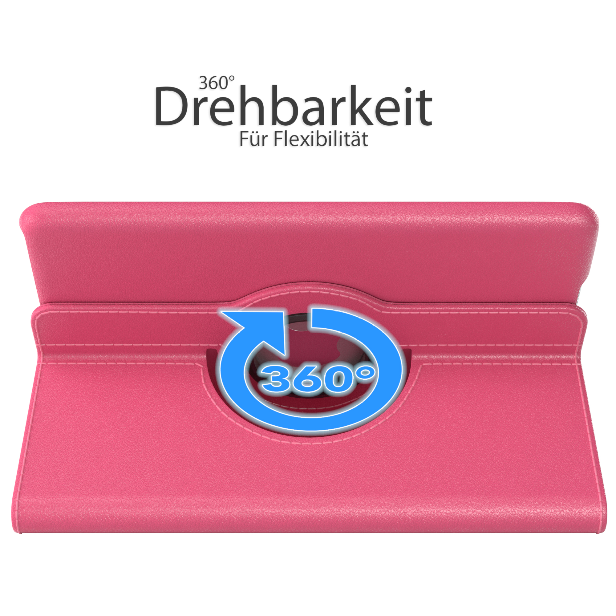 Rosa Tablet-Hülle, offen und in Standposition. Die Hülle hat ein 360-Grad-Drehdesign.