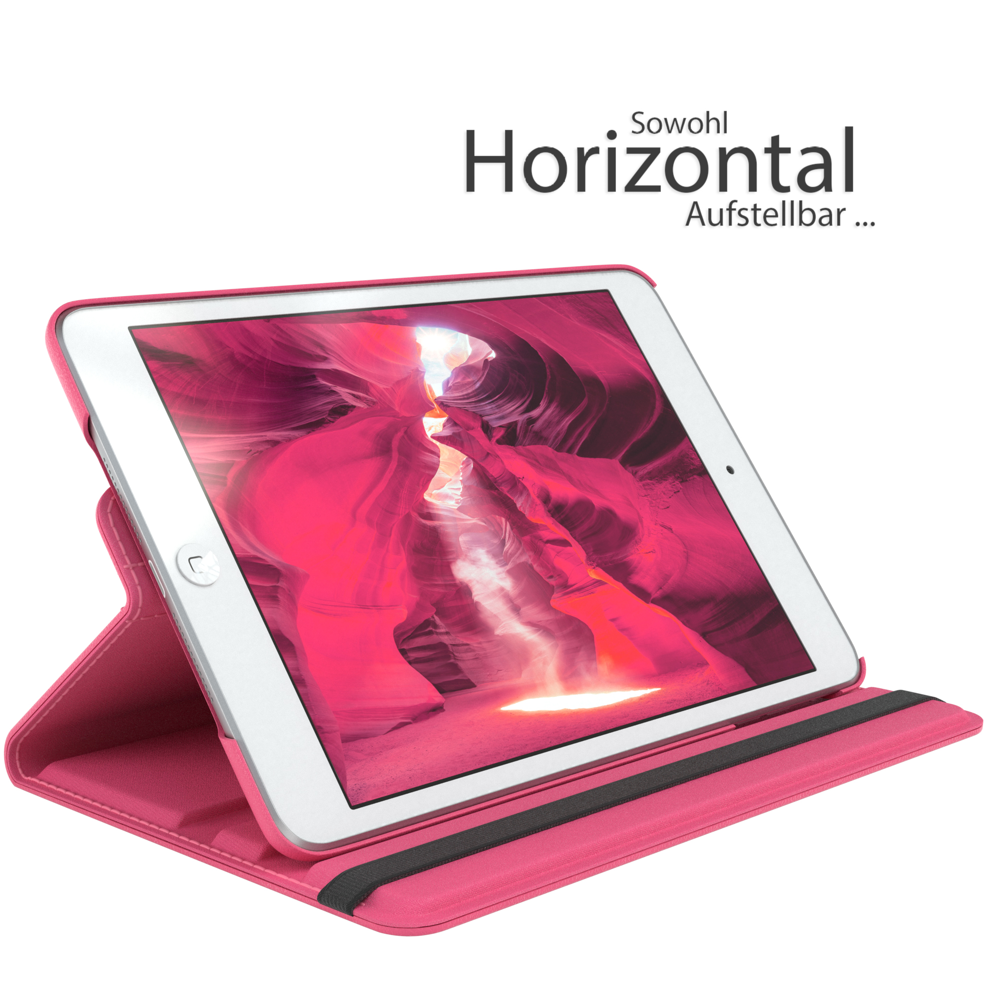 Pinkes Tablet in pinkem Gehäuse, zeigt eine pink-rote Canyon-Szene.
