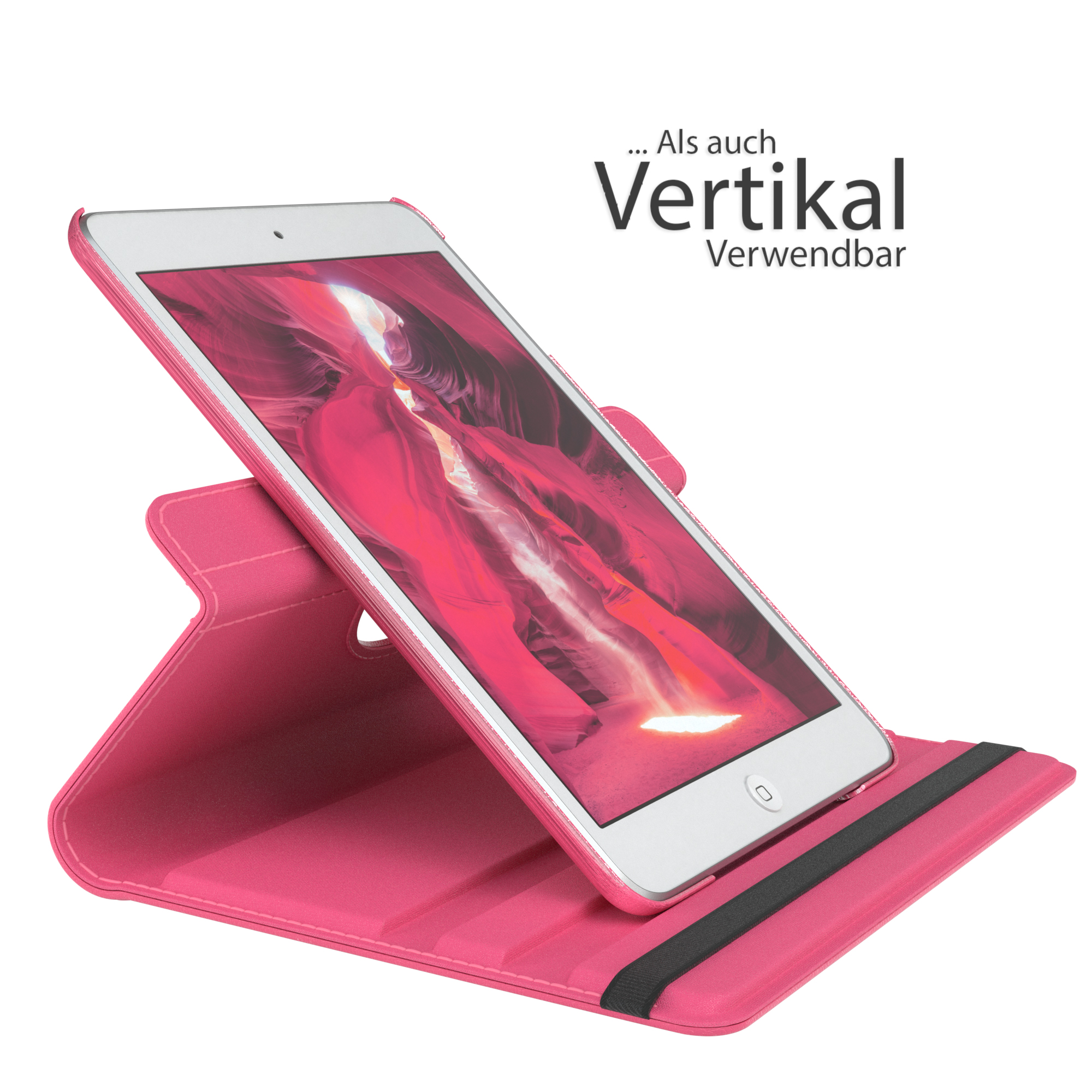 Ein Tablet in einer pinken Hülle, das einen vertikalen Anzeigemodus zeigt.