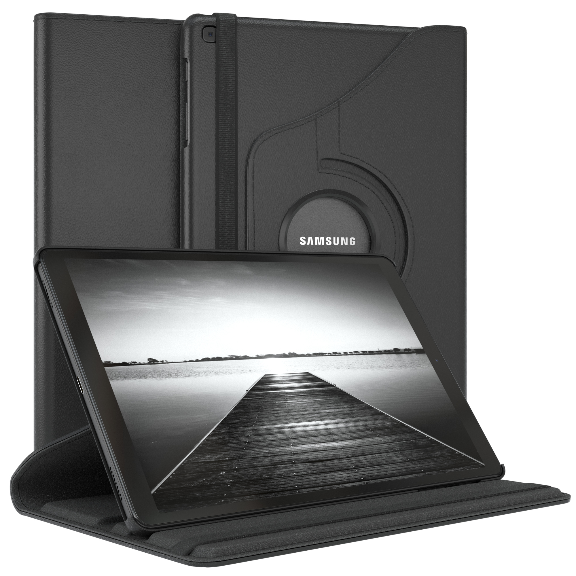 Schwarzes Tablet in schwarzem Gehäuse, Bildschirm zeigt Steg. Das Gehäuse hat einen schwarzen Riemen.