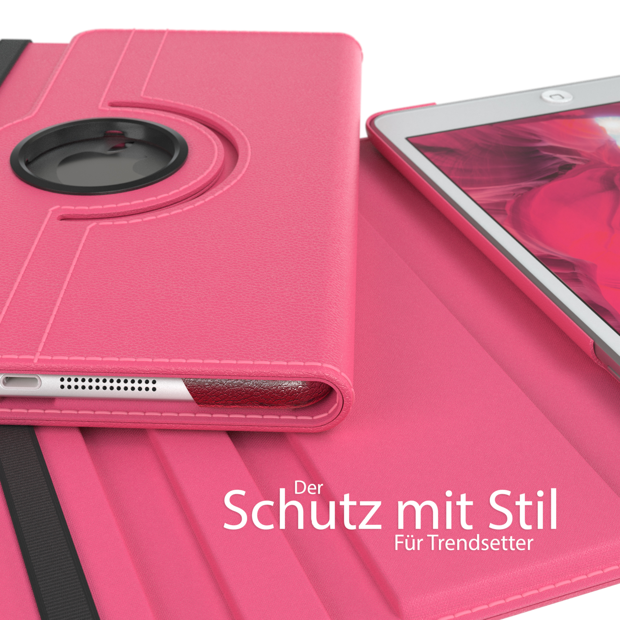 Rosafarbene Tablet-Hülle. Text: Schutz mit Stil, für Trendsetter.