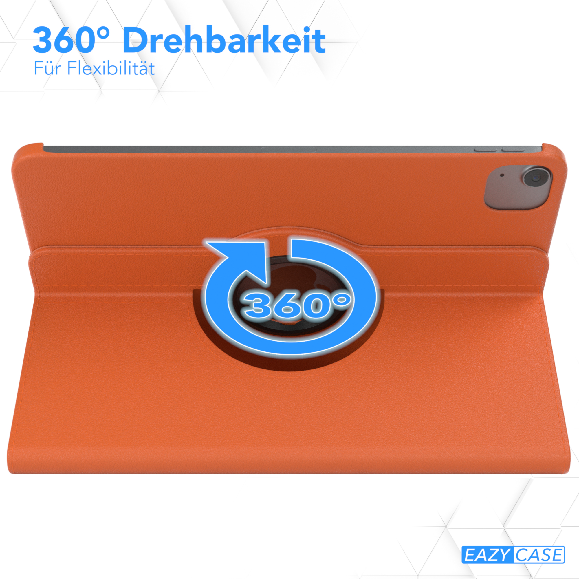Orangefarbene Tablethülle mit 360-Grad-Drehfunktion. Das Tablet ist geöffnet und zeigt einen Bildschirm. Blaue Pfeilgrafik.